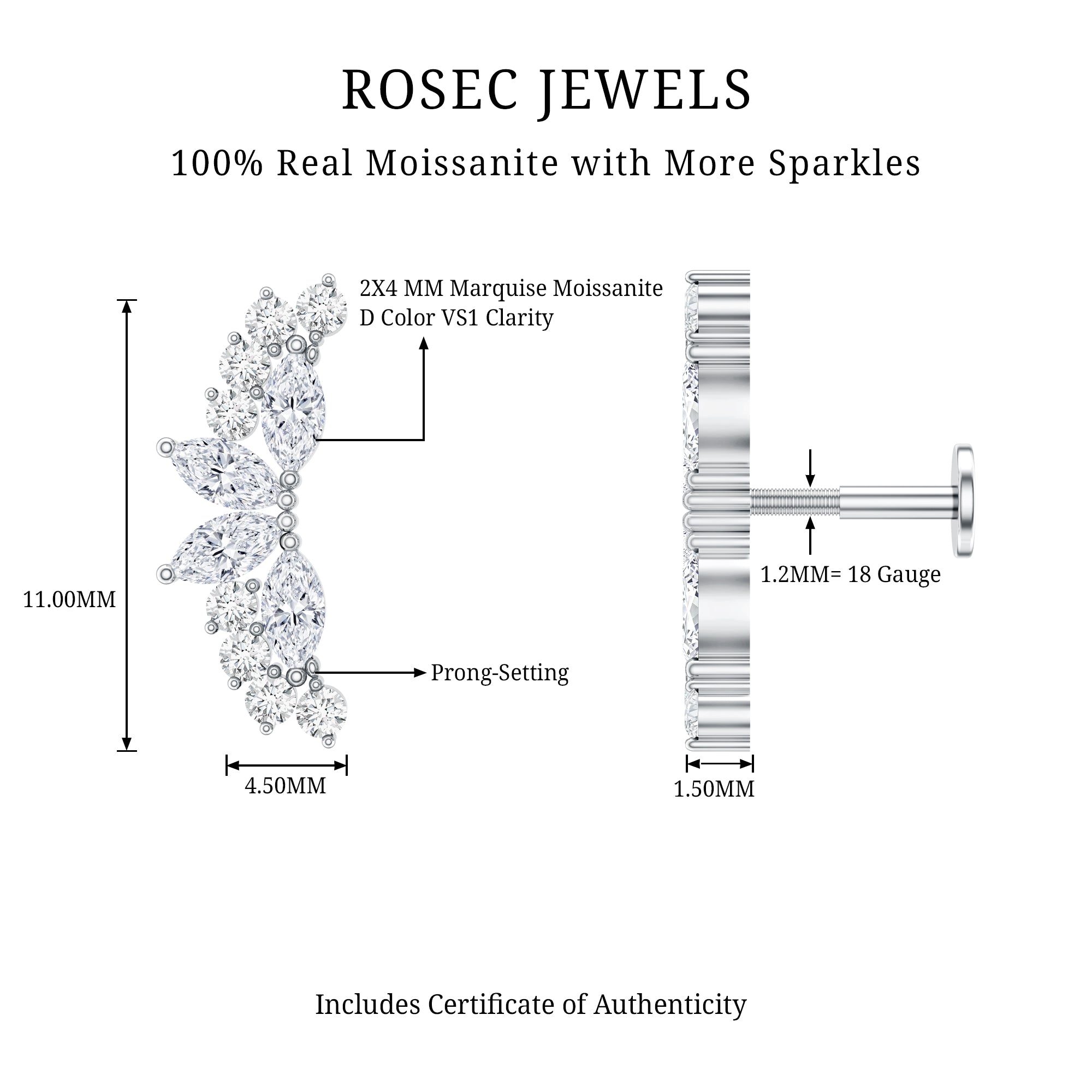 Certified Moissanite Cluster Crawler Earring for Helix Piercing D-VS1 - Rosec Jewels