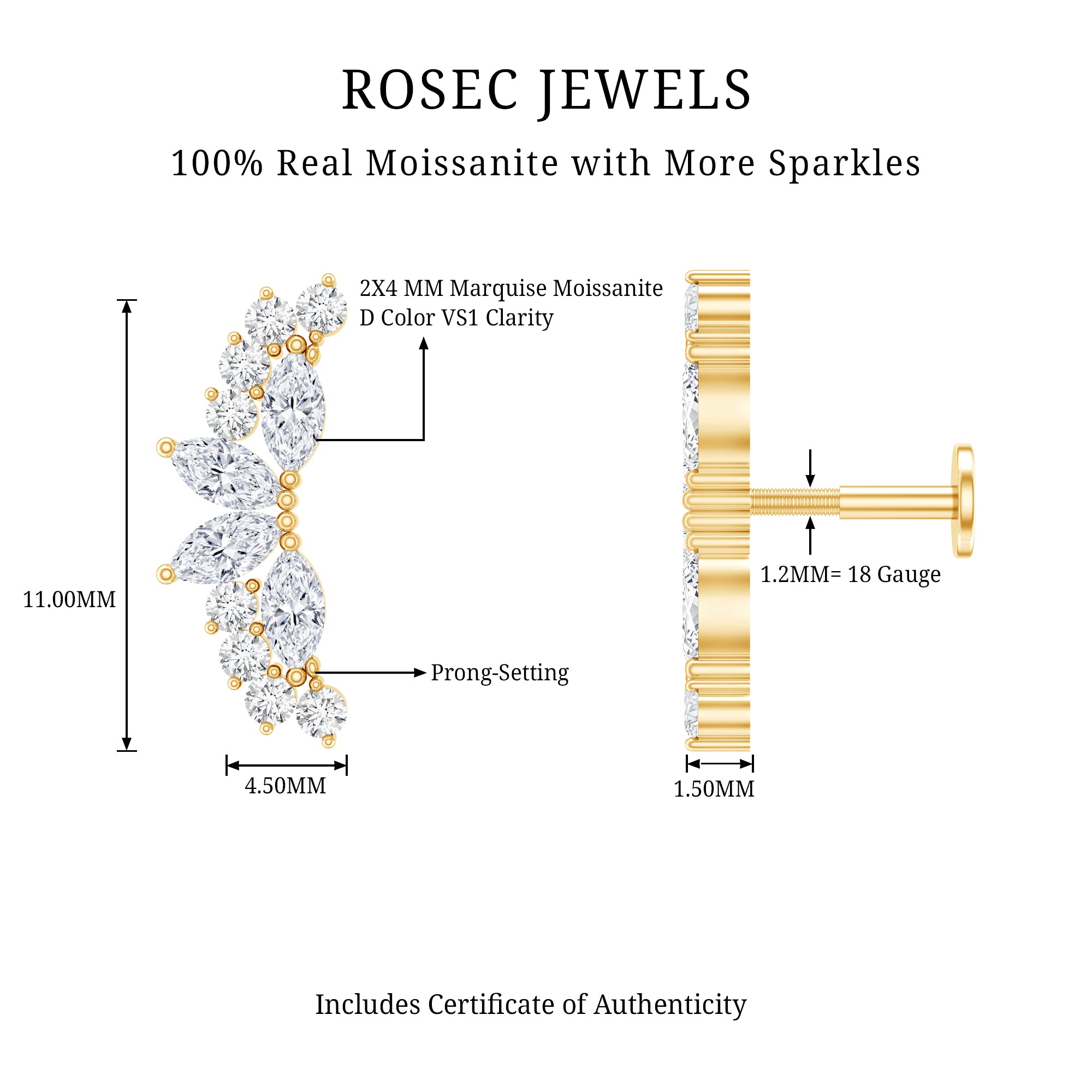 Certified Moissanite Cluster Crawler Earring for Helix Piercing D-VS1 - Rosec Jewels