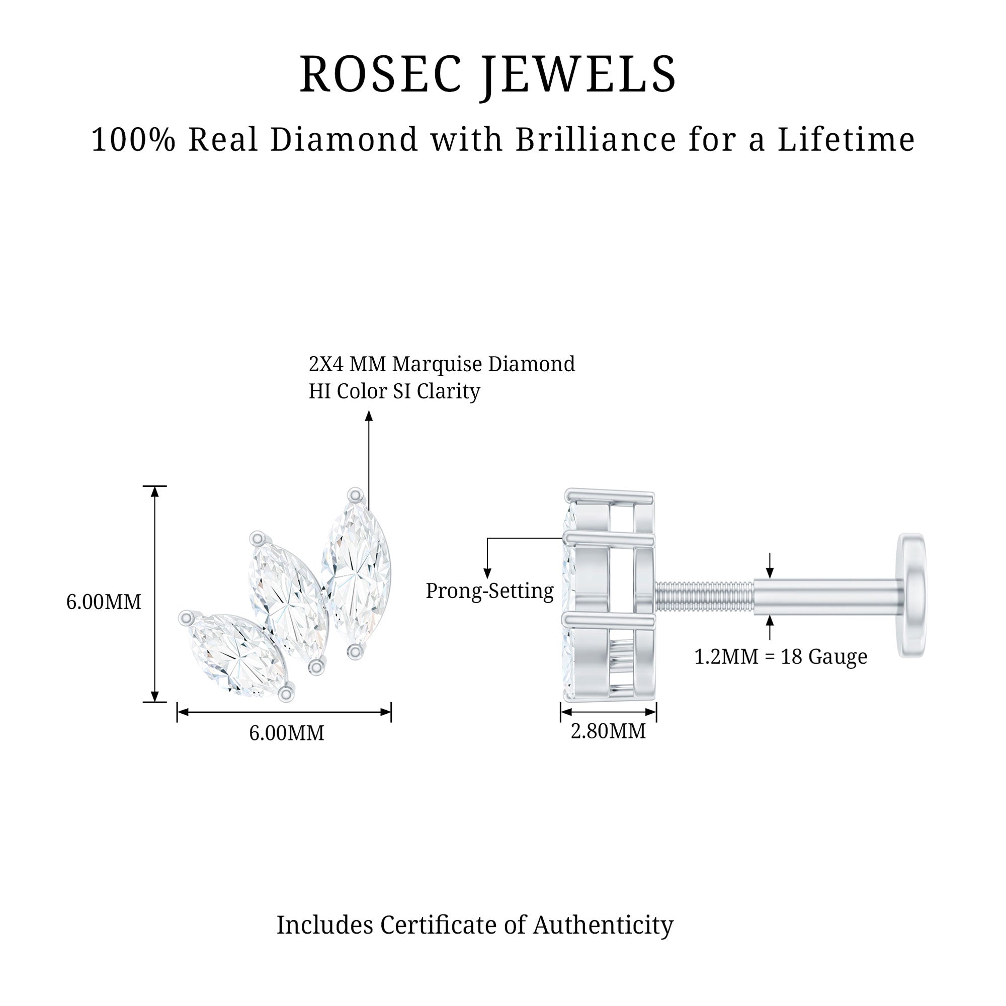 Natural Marquise Diamond Three Stone Helix Earring Natural - ( HI-SI ) - Rosec Jewels