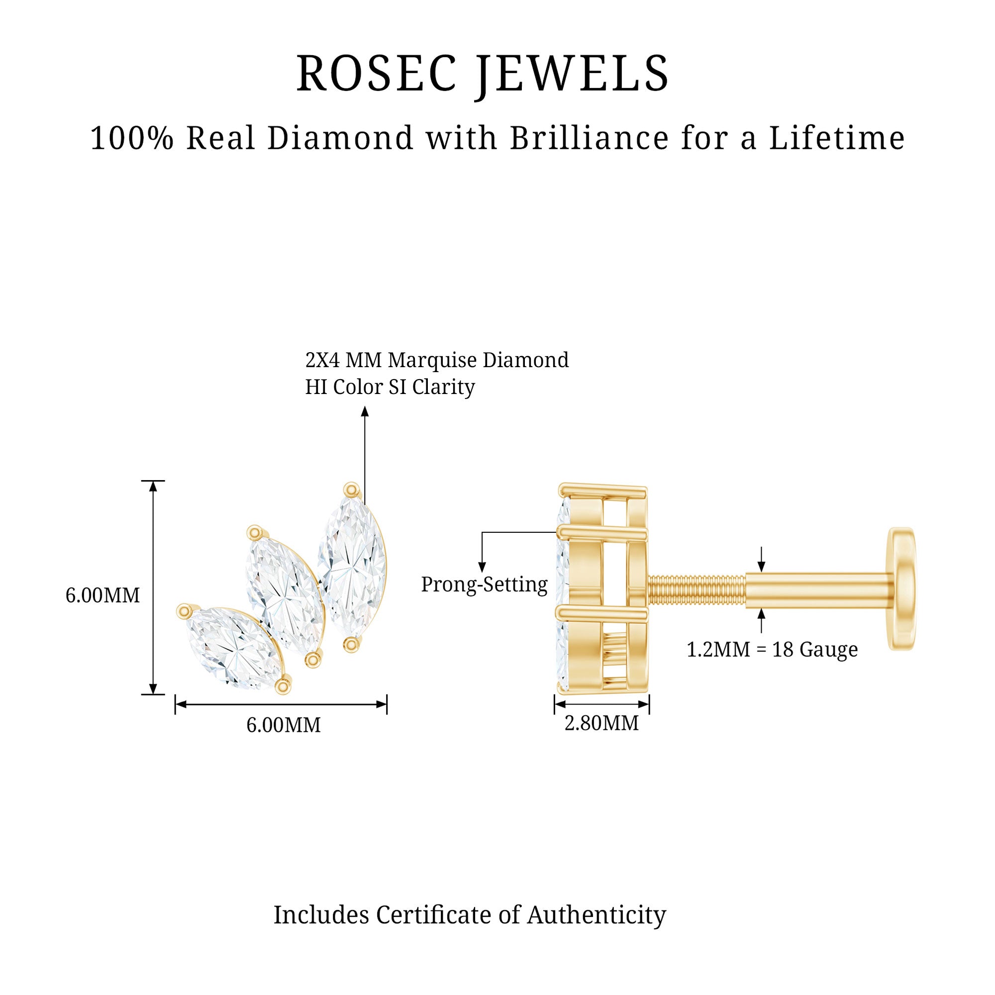 Natural Marquise Diamond Three Stone Helix Earring Natural - ( HI-SI ) - Rosec Jewels