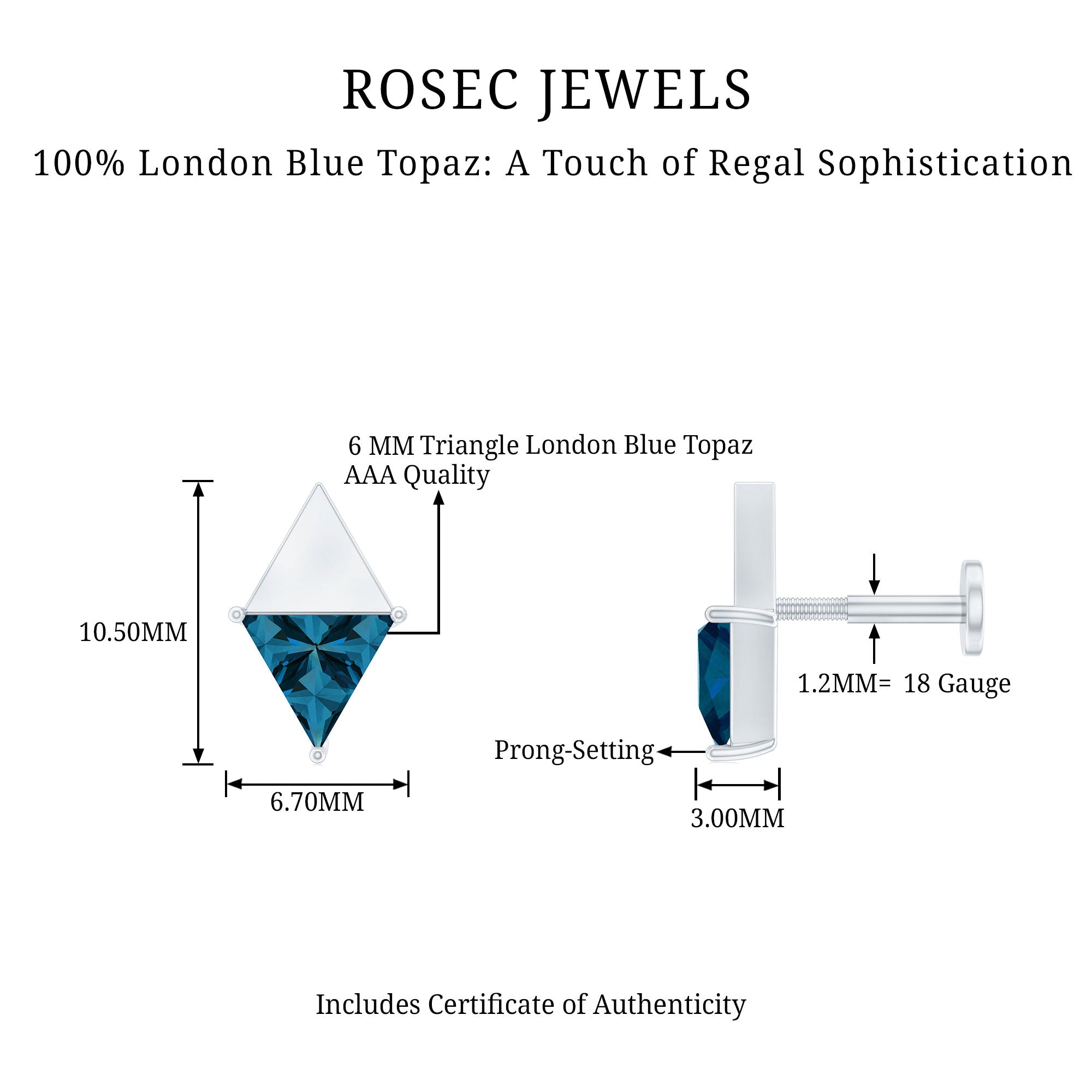 Triangle London Blue Topaz Geometric Earring AAA - Rosec Jewels