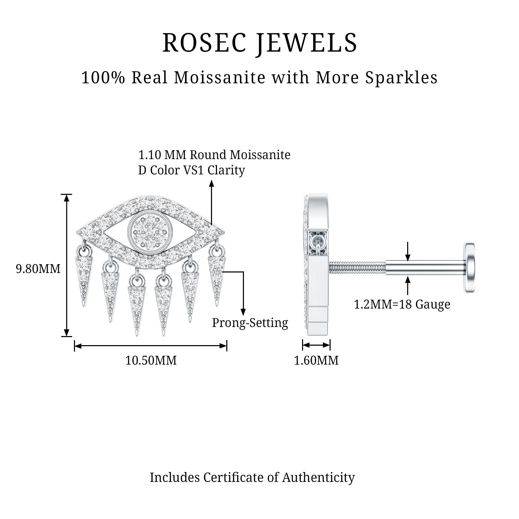 Unique Moissanite Evil Eye Earring for Cartilage Piercing D-VS1 - Rosec Jewels