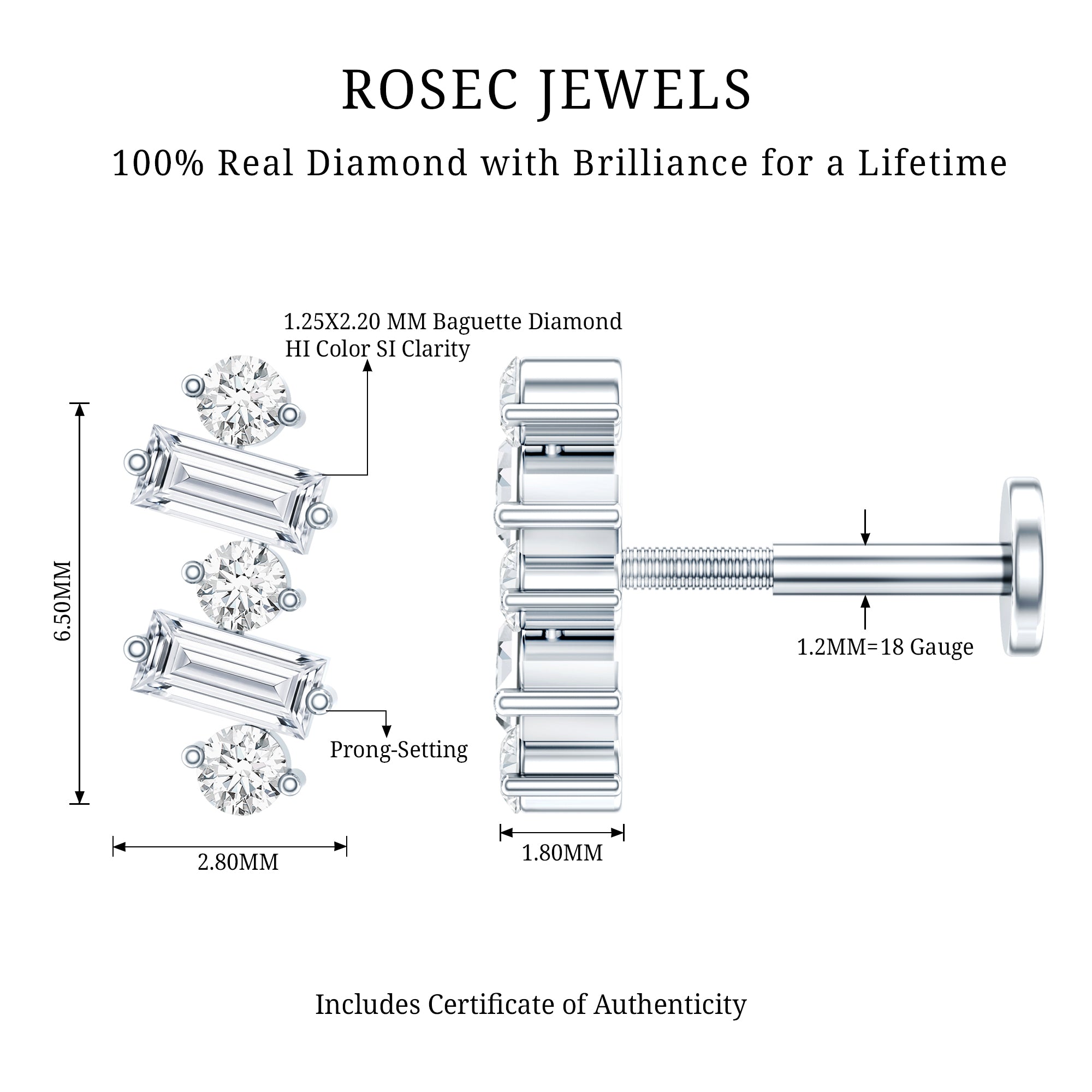 Genuine Baguette Diamond Tragus Earring With Certificate Natural - ( HI-SI ) - Rosec Jewels
