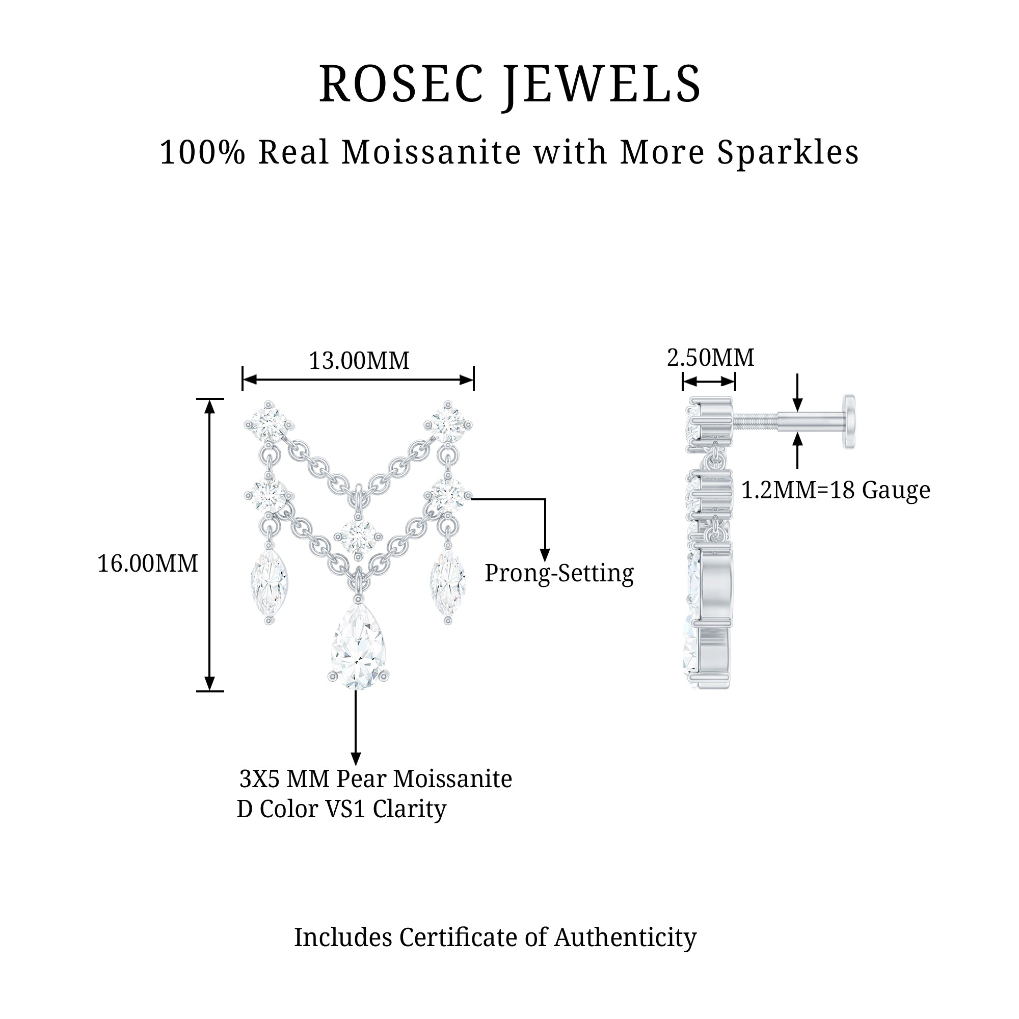 Pear Moissanite Double Chain Earring for Cartilage Piercing D-VS1 - Rosec Jewels