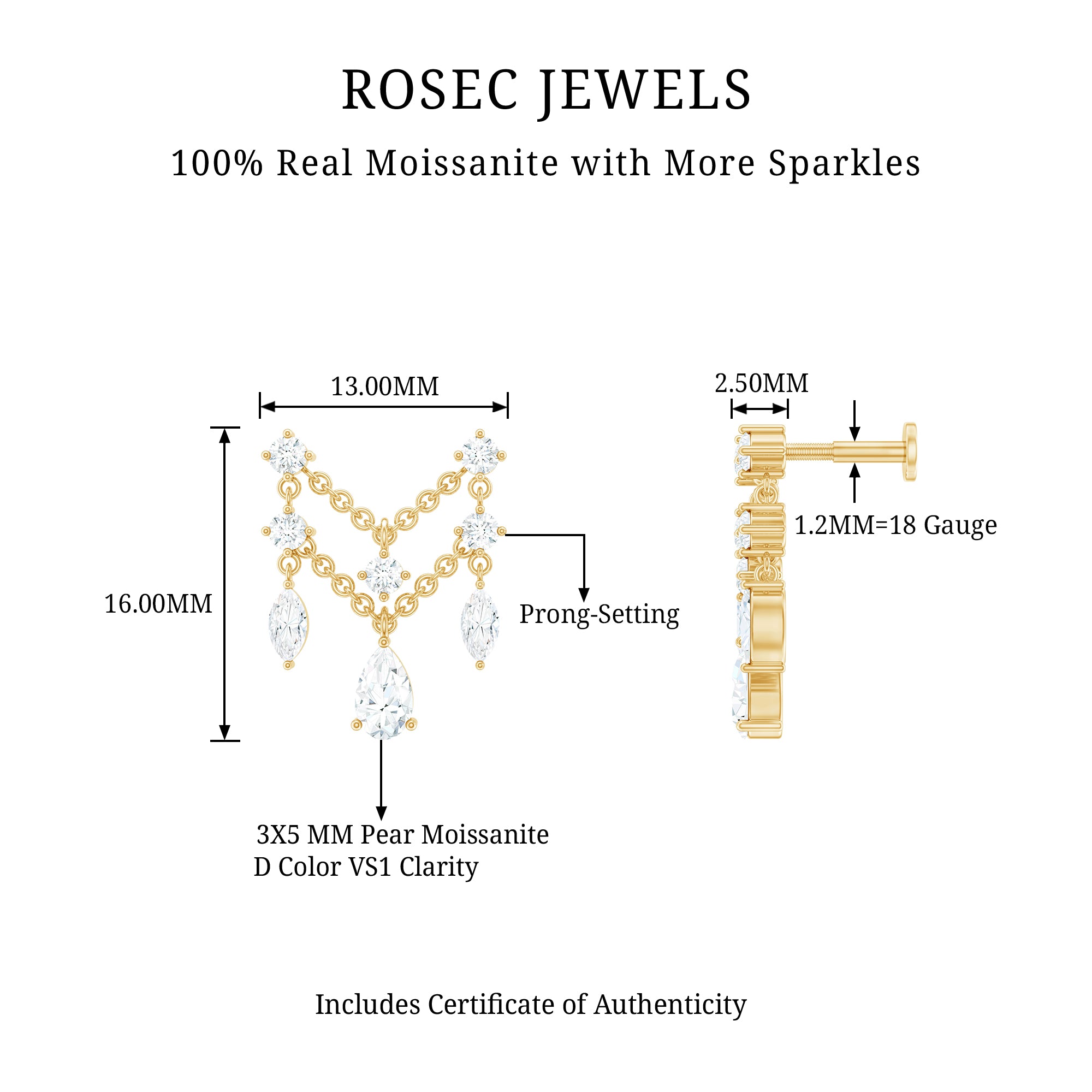 Pear Moissanite Double Chain Earring for Cartilage Piercing D-VS1 - Rosec Jewels