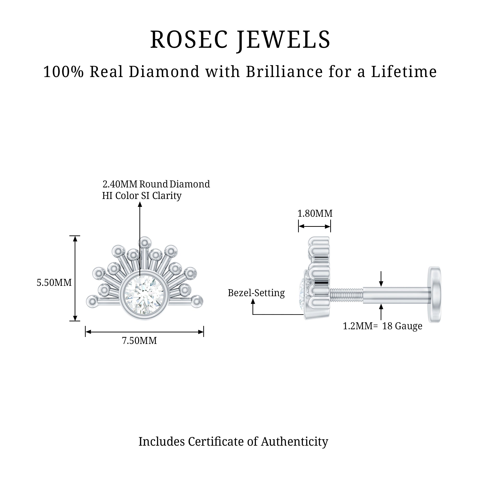 Bezel Set Diamond Sunburst Earring for Helix Piercing Natural - ( HI-SI ) - Rosec Jewels