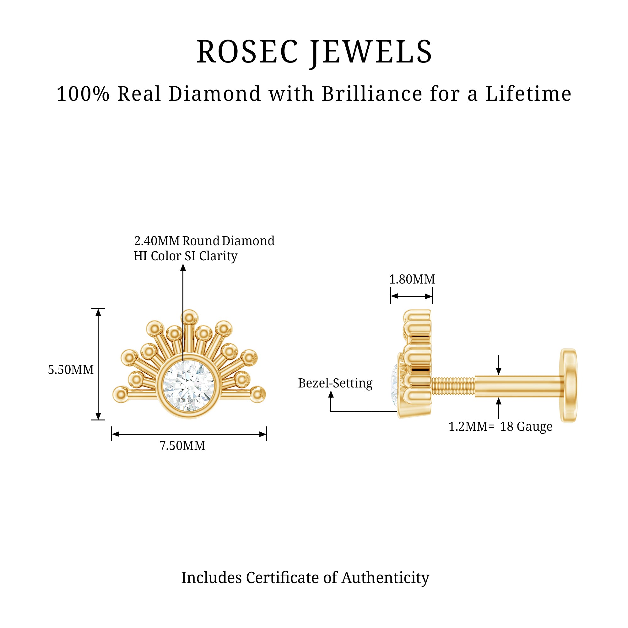 Bezel Set Diamond Sunburst Earring for Helix Piercing Natural - ( HI-SI ) - Rosec Jewels