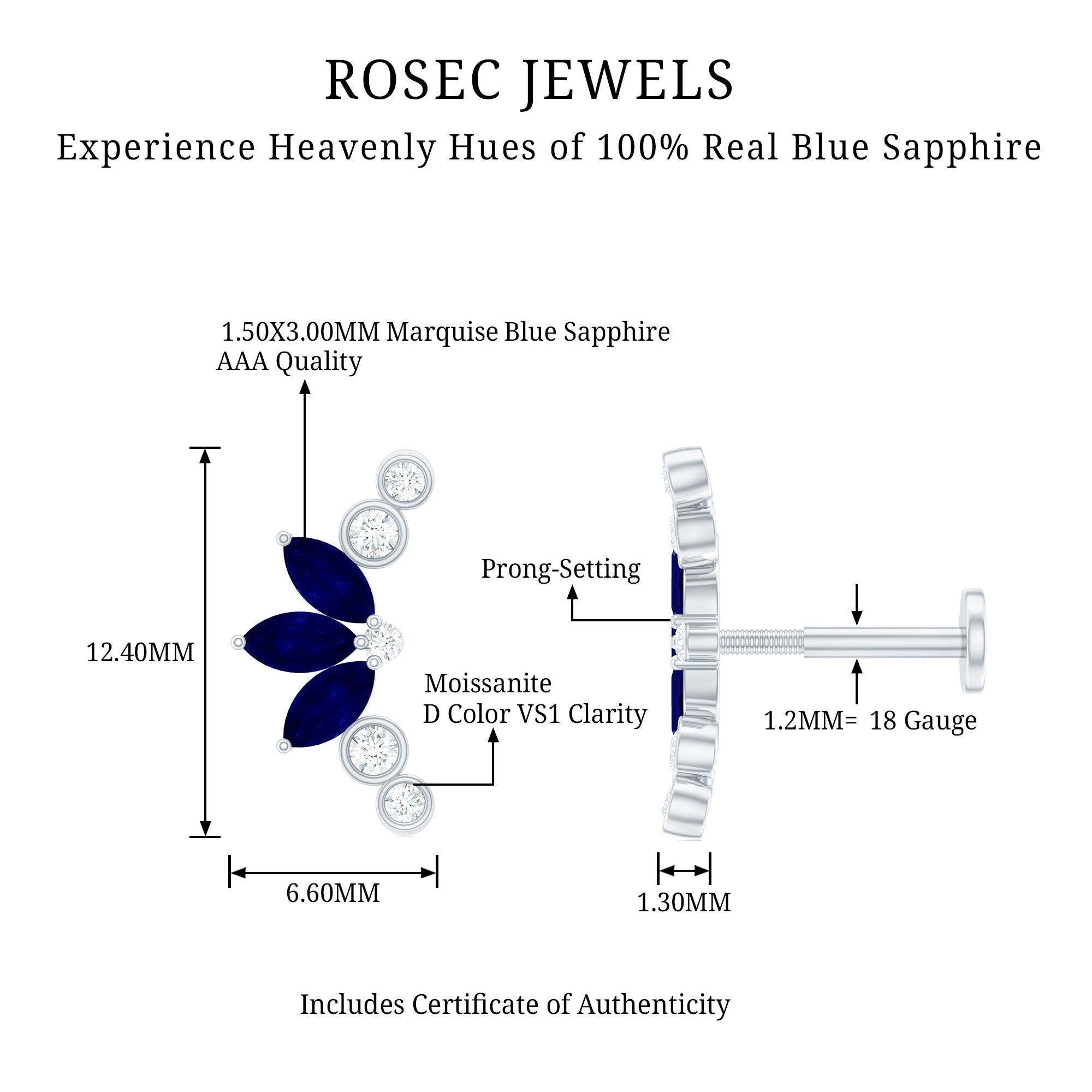 Natural Blue Sapphire Ear Crawler Earring AAA - Rosec Jewels