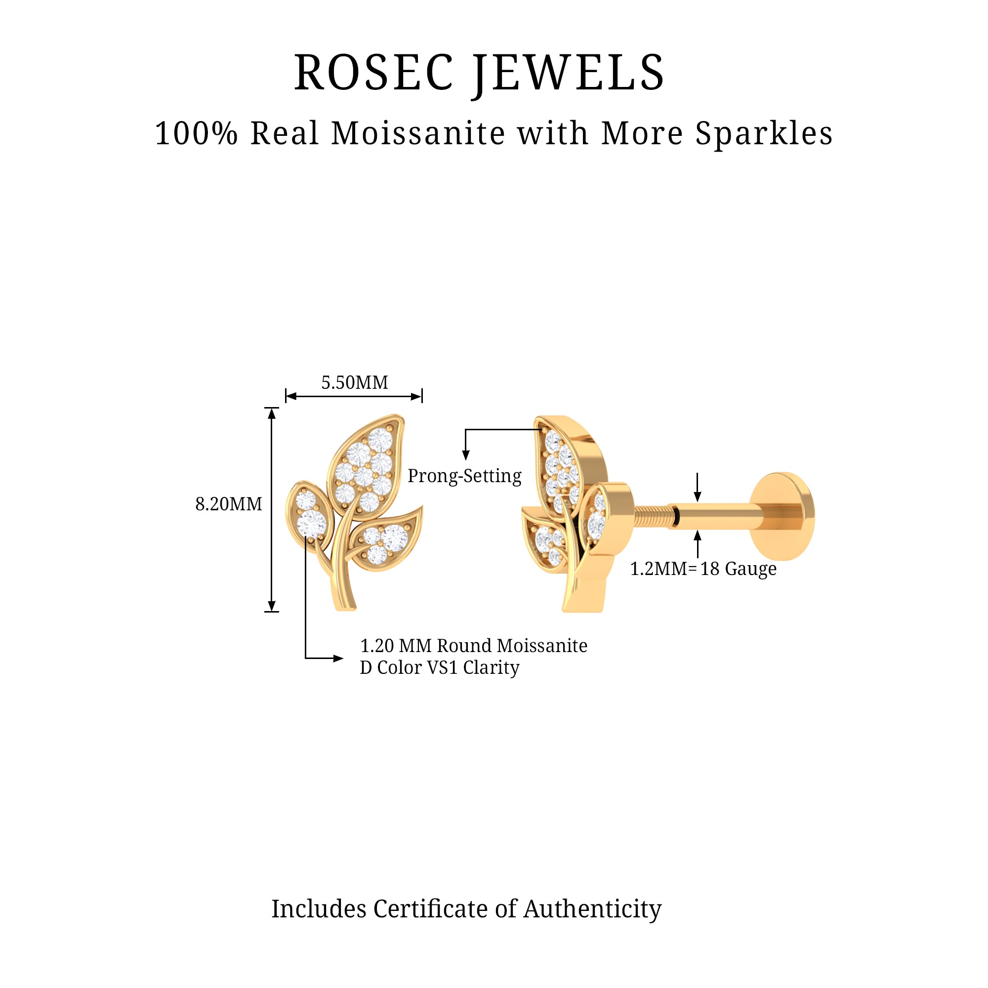 Dainty Moissanite Leaf Earring for Cartilage Piercing D-VS1 - Rosec Jewels