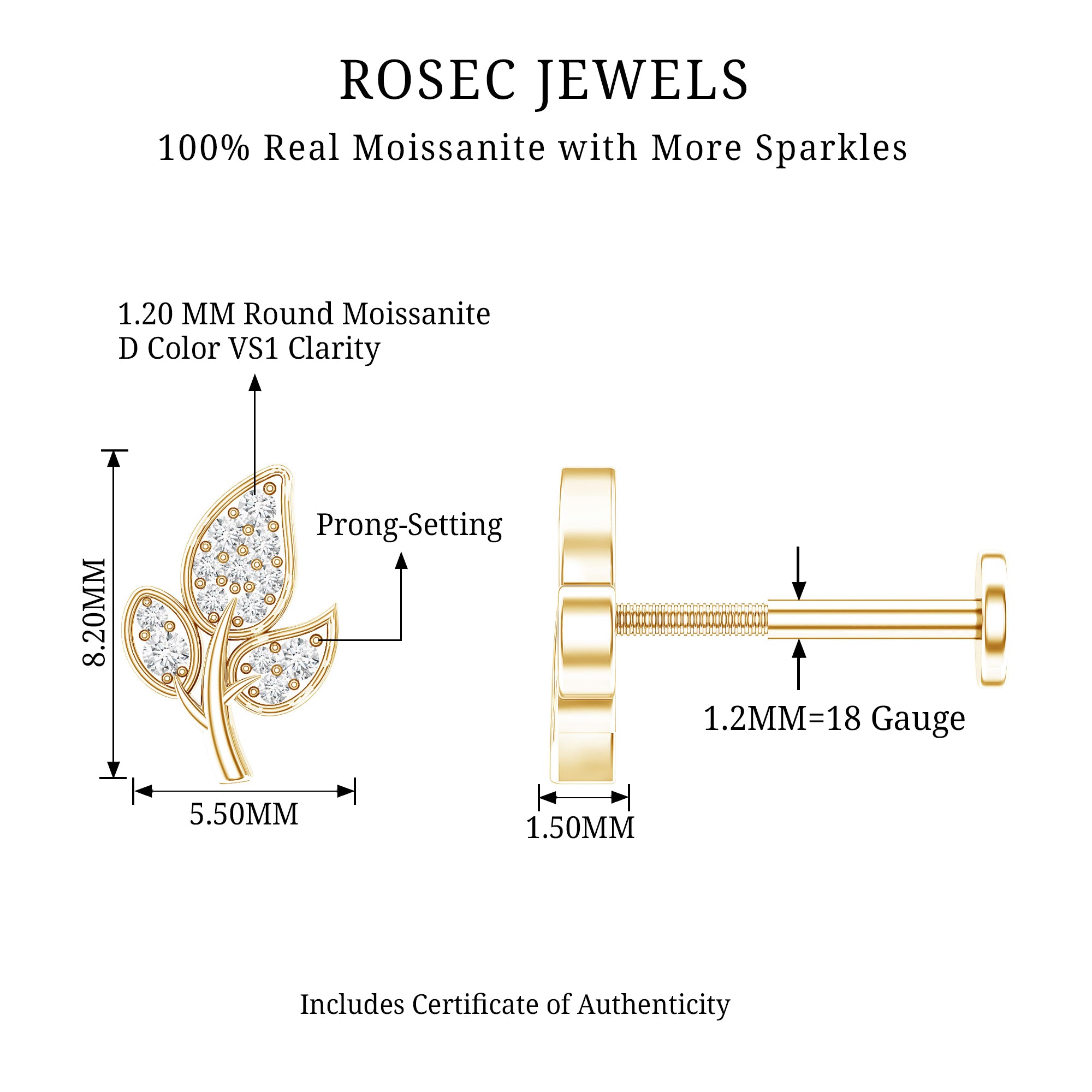 Dainty Moissanite Leaf Earring for Cartilage Piercing D-VS1 - Rosec Jewels