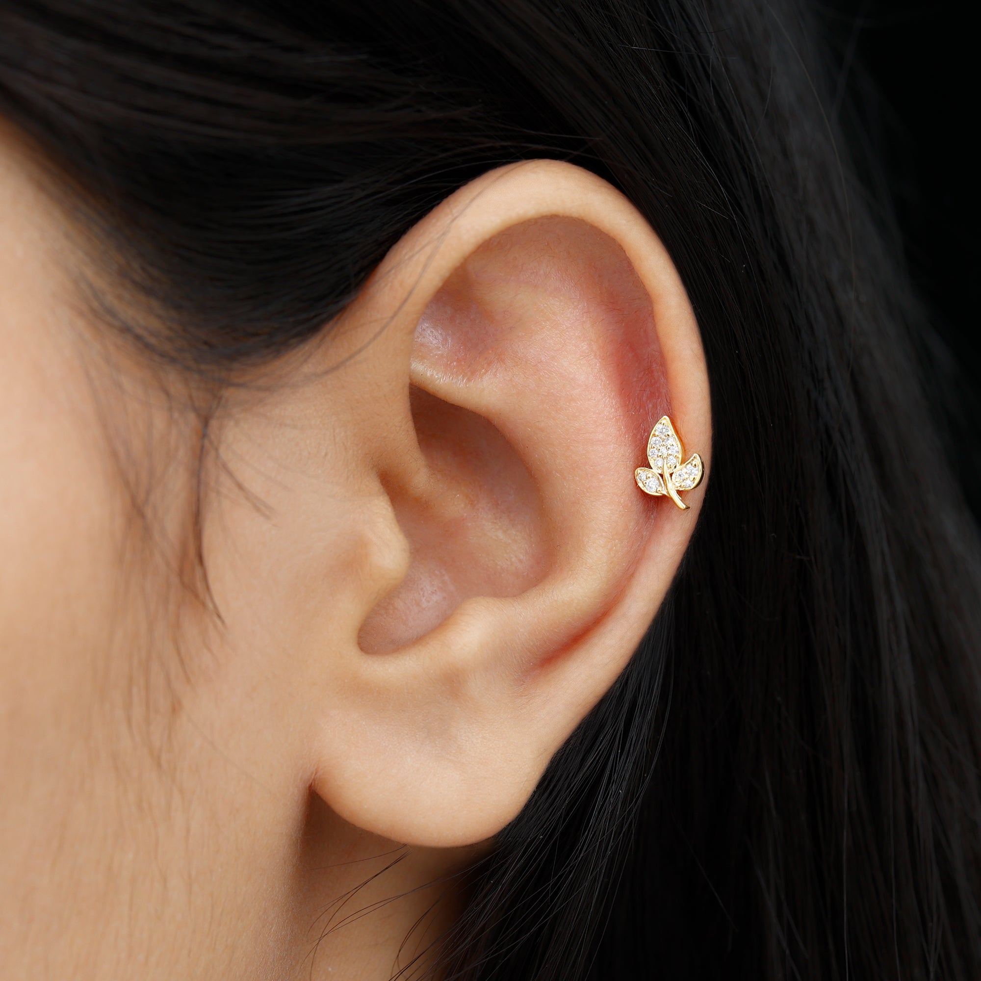 Dainty Moissanite Leaf Earring for Cartilage Piercing D-VS1 - Rosec Jewels