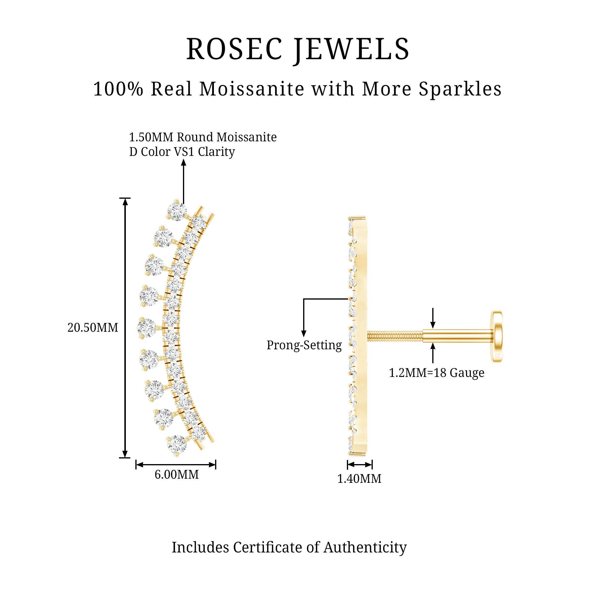 Certified Moissanite Curved Crawler Earring D-VS1 - Rosec Jewels