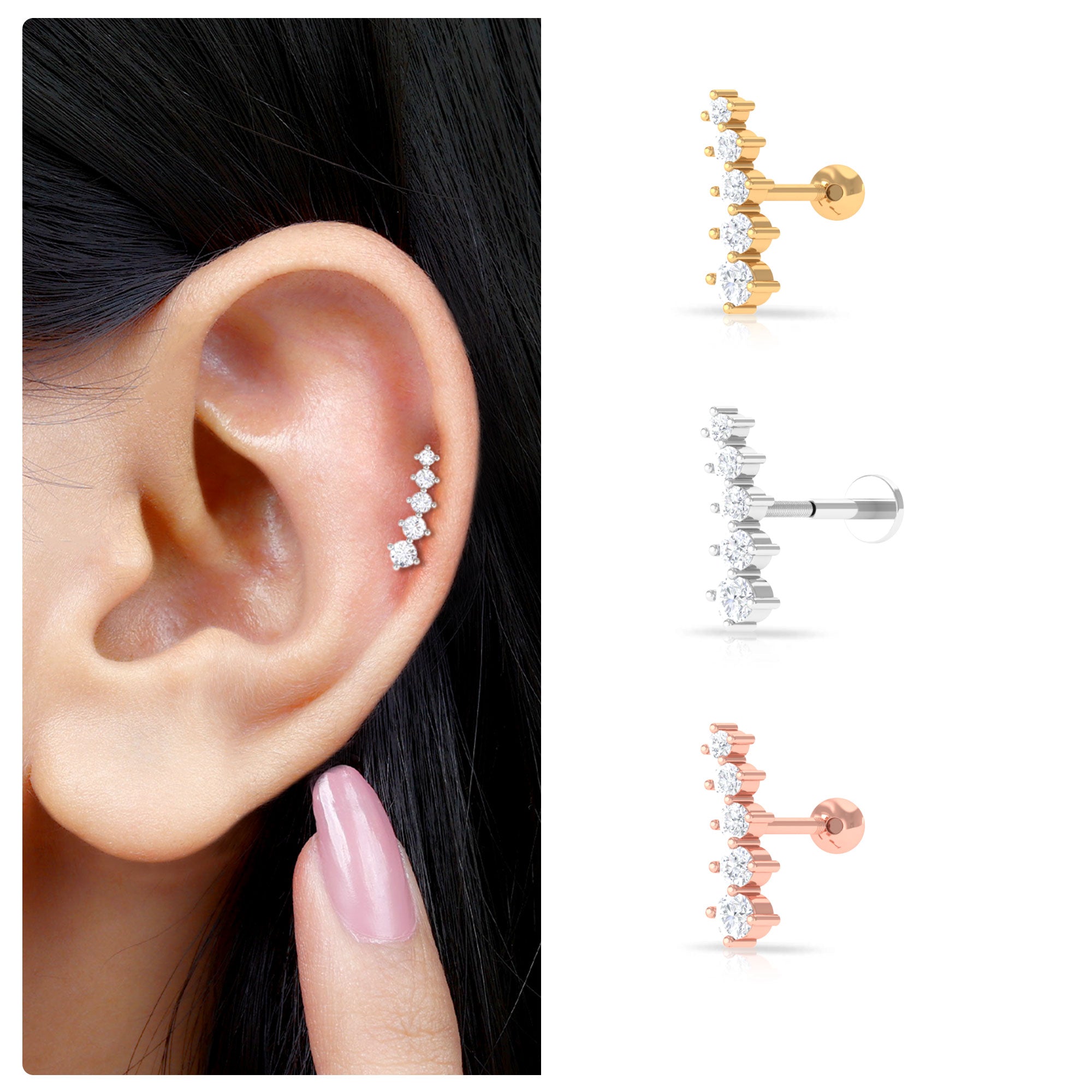 Minimal Moissanite Crawler Earring For Helix Piercing D-VS1 - Rosec Jewels