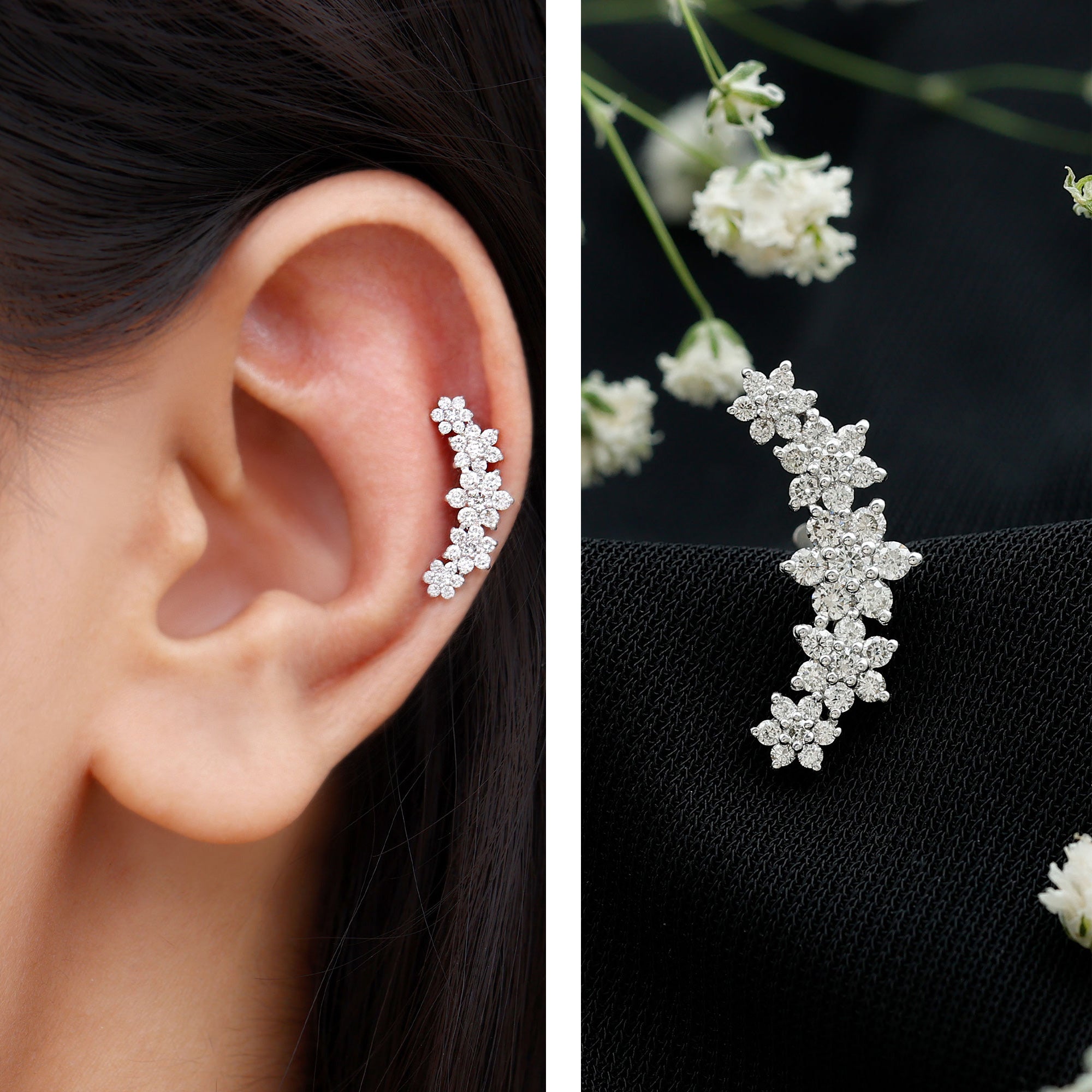 Diamond Flower Ear Crawler Earring Natural - ( HI-SI ) - Rosec Jewels