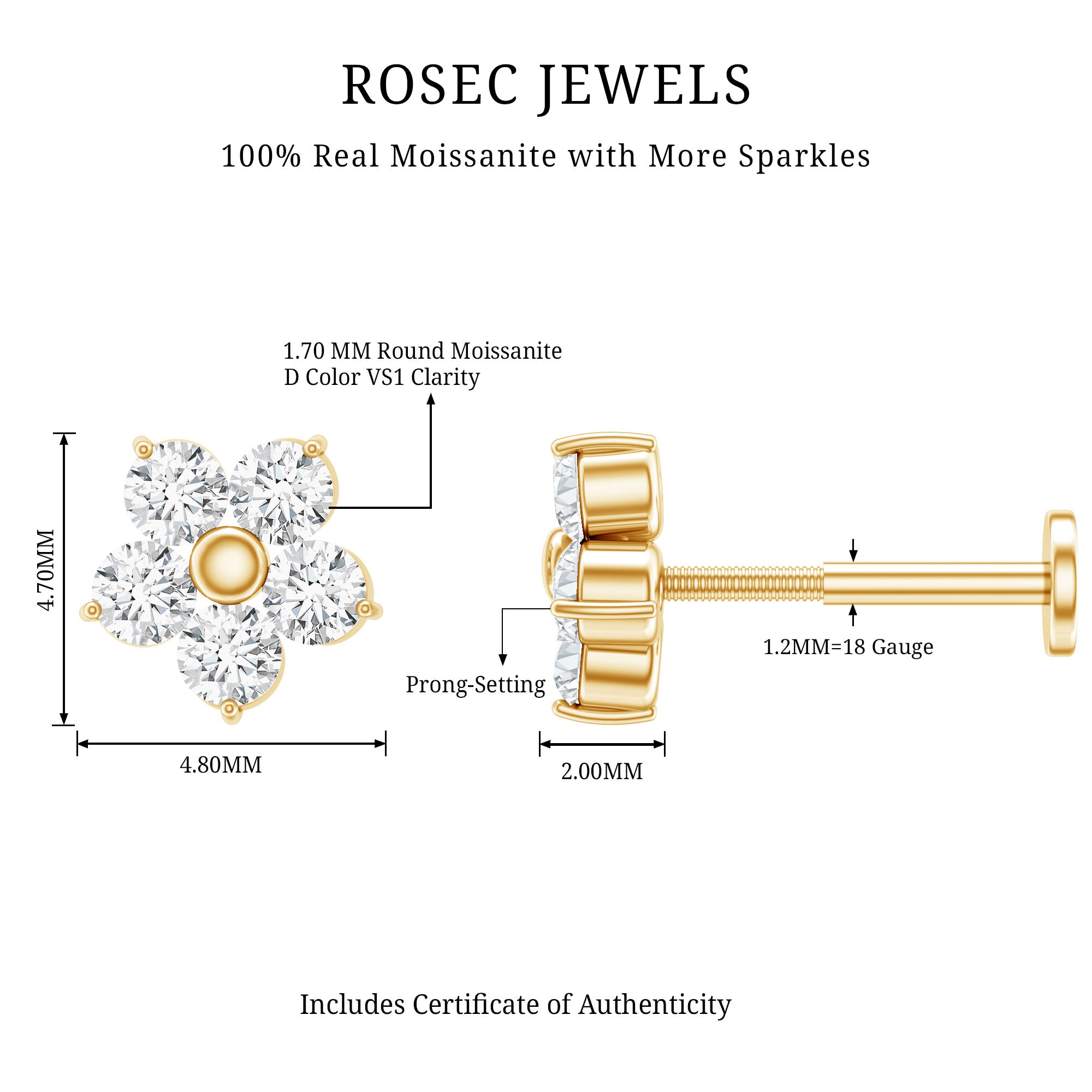 Certified Round Moissanite Flower Earring for Conch Piercing D-VS1 - Rosec Jewels