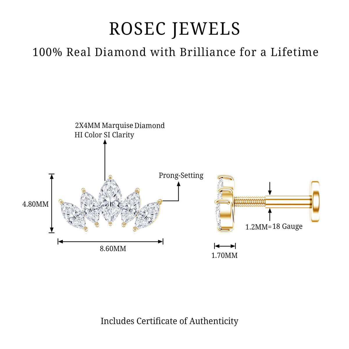 Certified Marquise Cut Diamond Helix Earring for Women Natural - ( HI-SI ) - Rosec Jewels