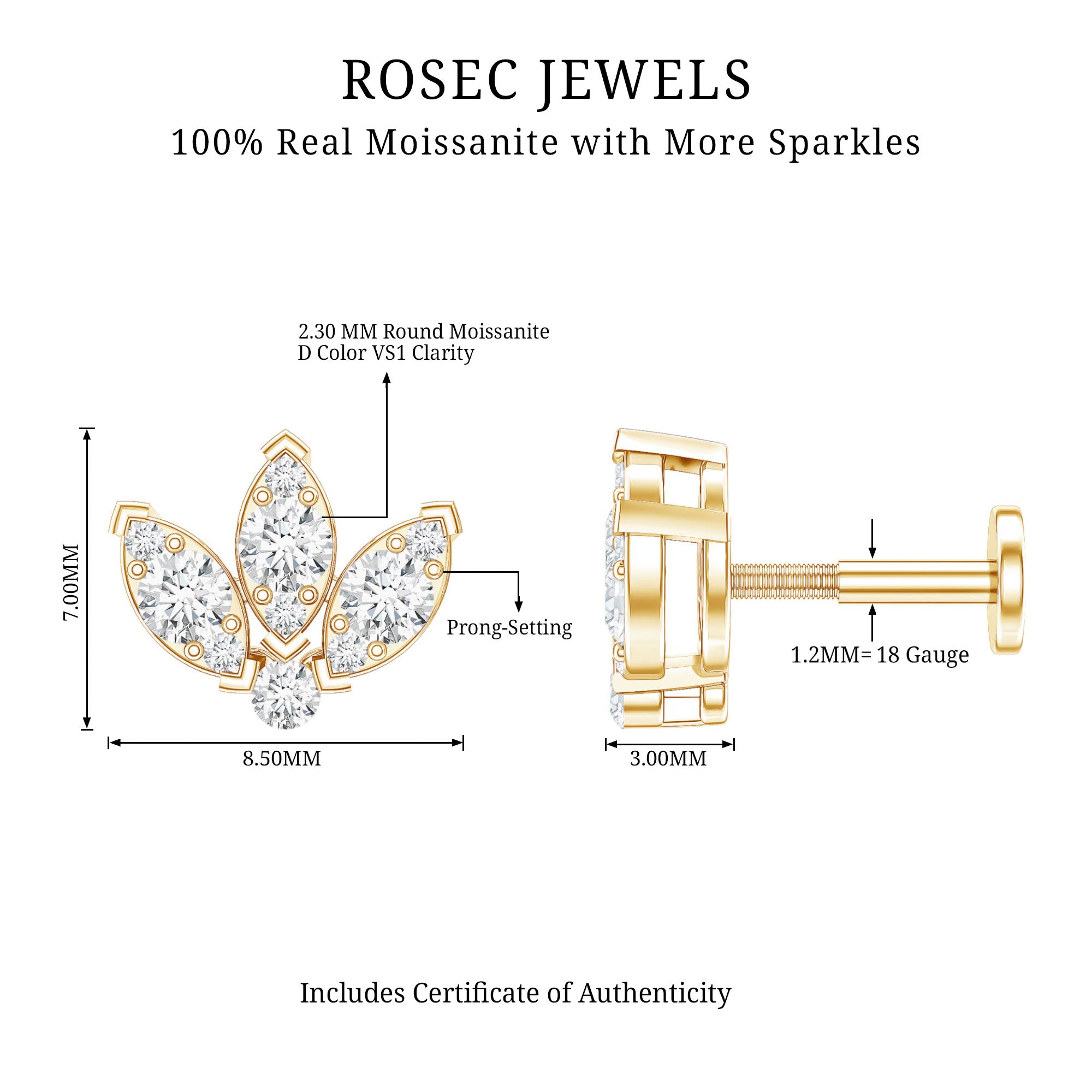 Certified Moissanite Lotus Earring for Cartilage Piercing D-VS1 - Rosec Jewels