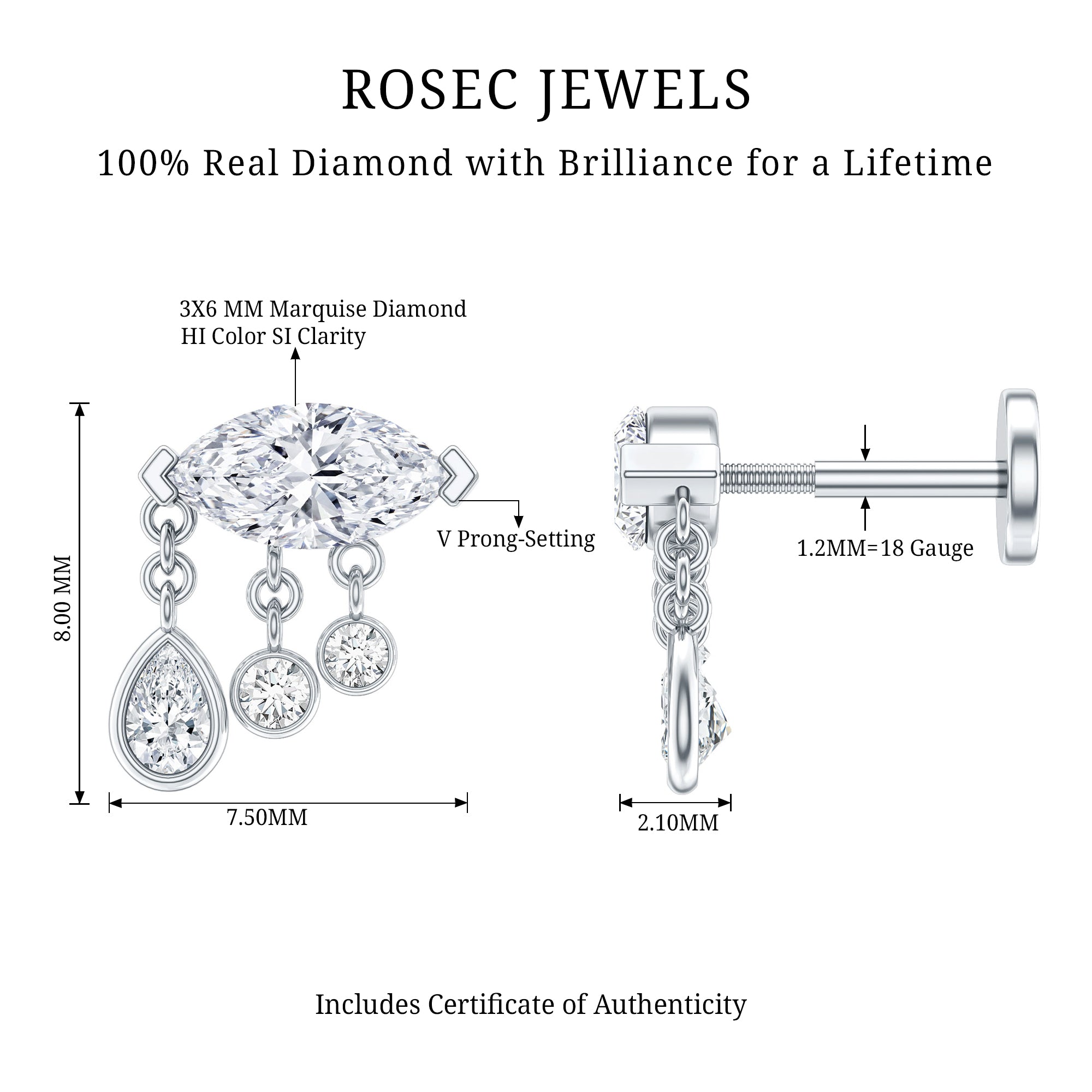 Marquise Diamond Drop Earring for Helix Piercing Natural - ( HI-SI ) - Rosec Jewels