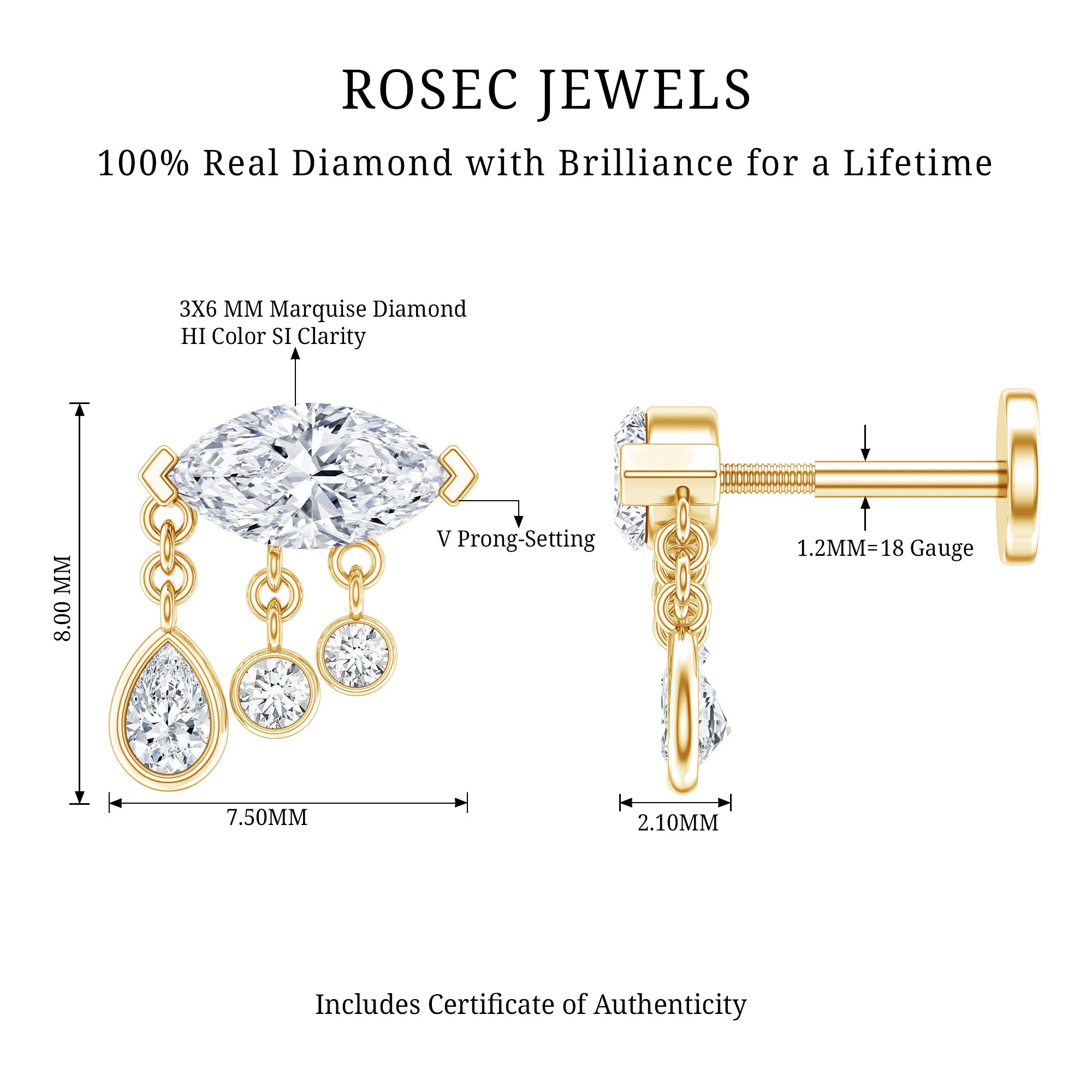 Marquise Diamond Drop Earring for Helix Piercing Natural - ( HI-SI ) - Rosec Jewels