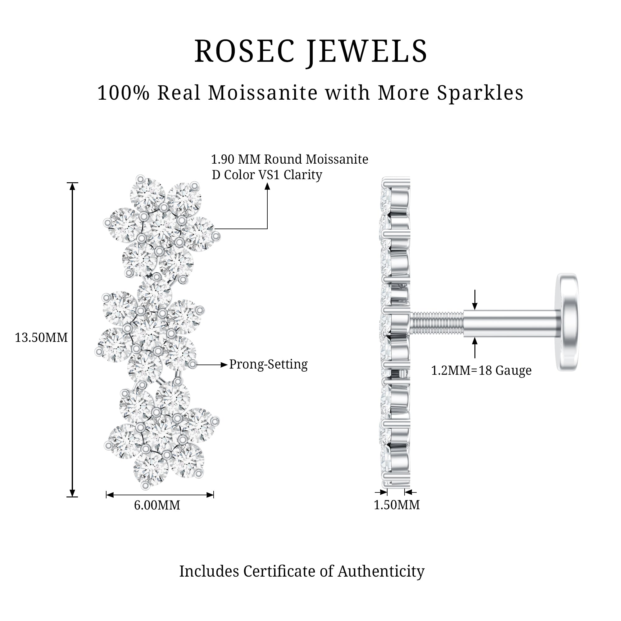 Certified Moissanite Flower Ear Crawler Earring for Women D-VS1 - Rosec Jewels