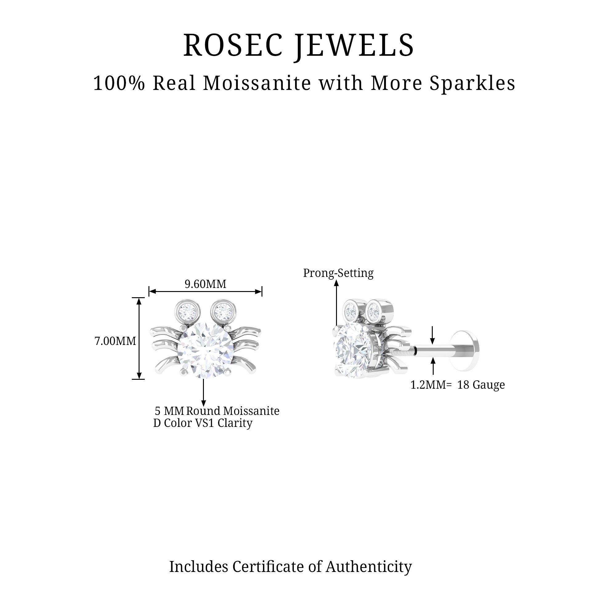 Certified Moissanite Crab Cartilage Earring D-VS1 - Rosec Jewels