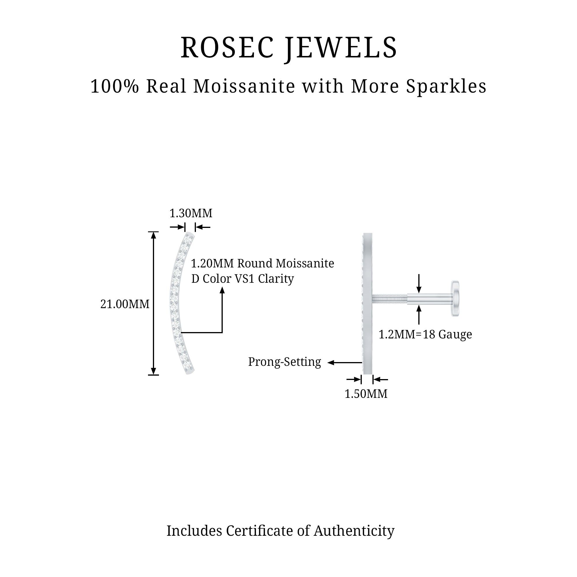 Certified Moissanite Curved Climber Earring for Her D-VS1 - Rosec Jewels
