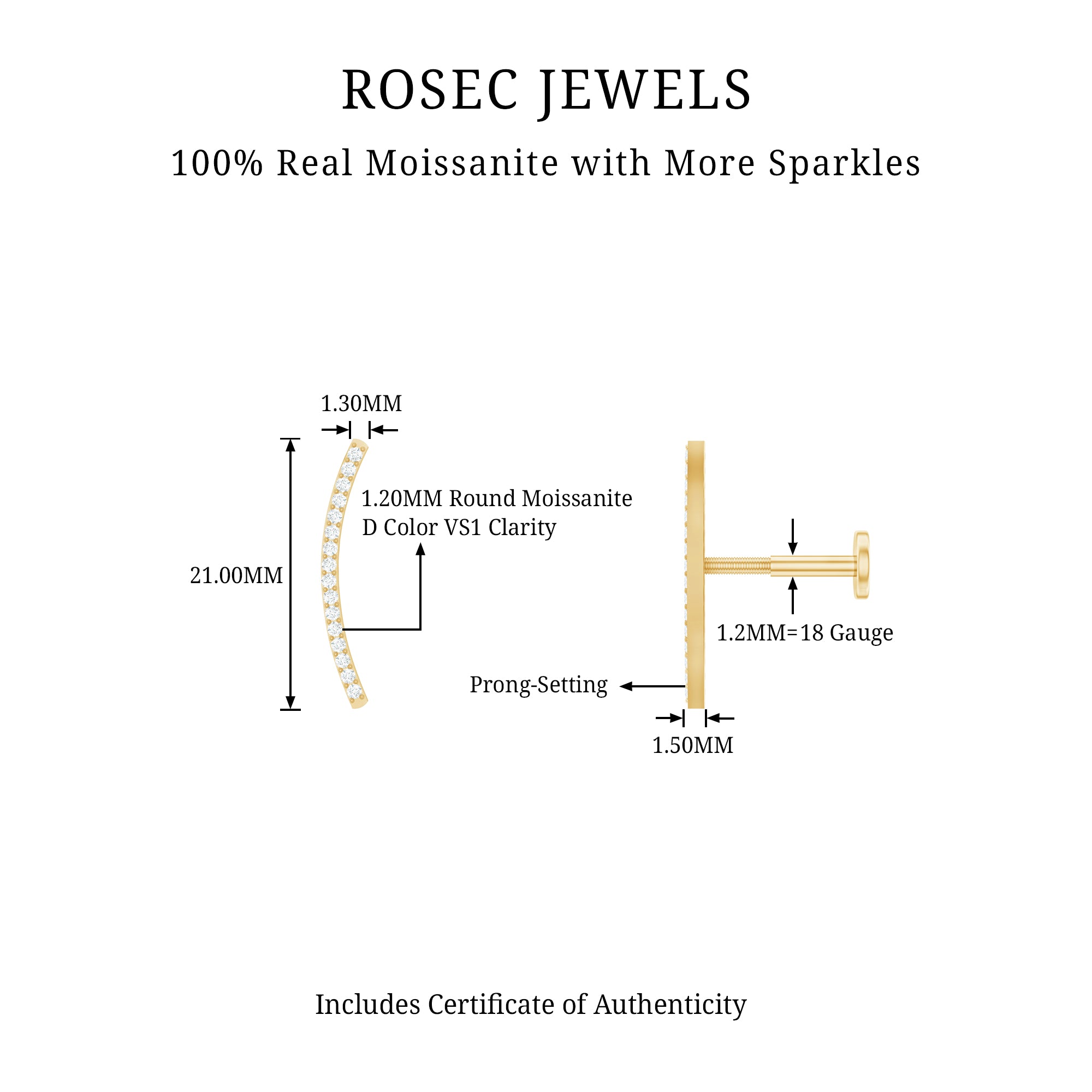 Certified Moissanite Curved Climber Earring for Her D-VS1 - Rosec Jewels
