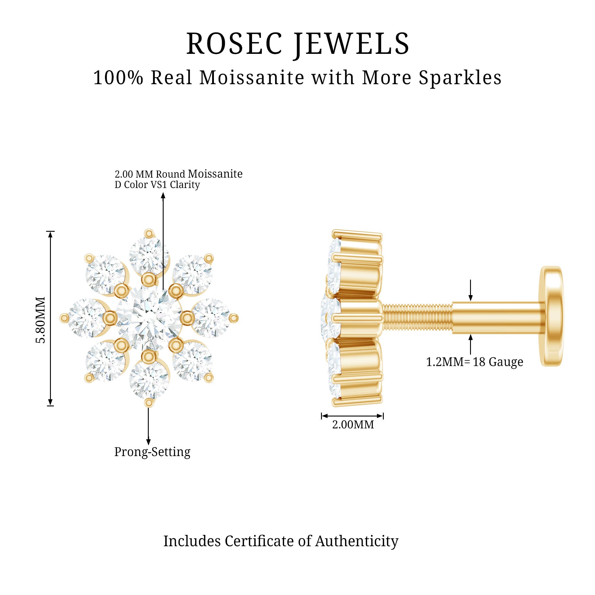 Minimalist Moissanite Flower Cartilage Earring D-VS1 - Rosec Jewels