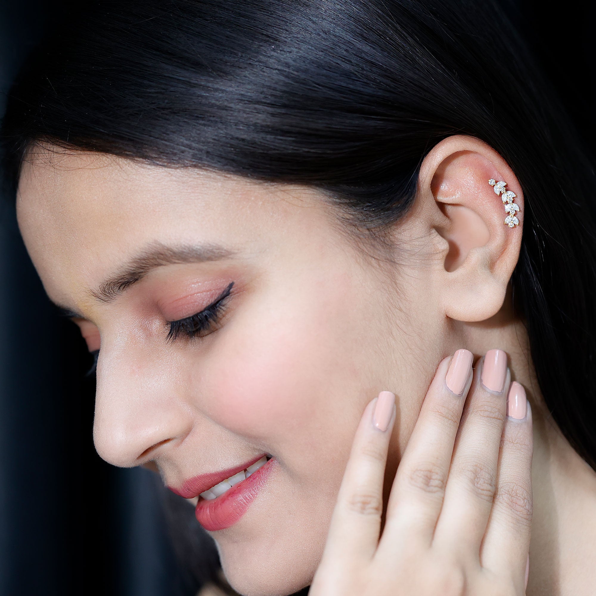 Nature Inspired Diamond Leaf Crawler Helix Earring Natural - ( HI-SI ) - Rosec Jewels
