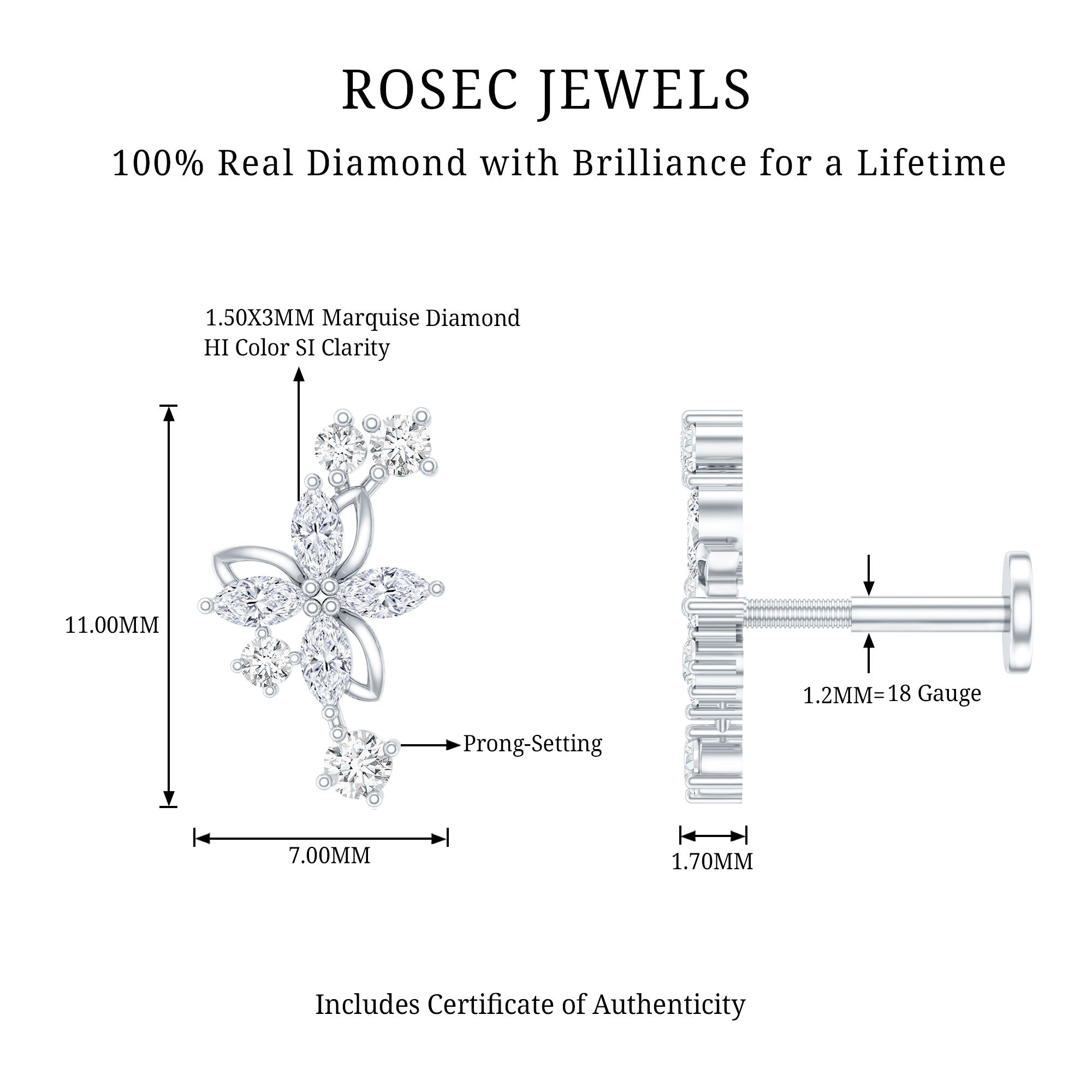 Diamond Flower Crawler Earring Natural - ( HI-SI ) - Rosec Jewels