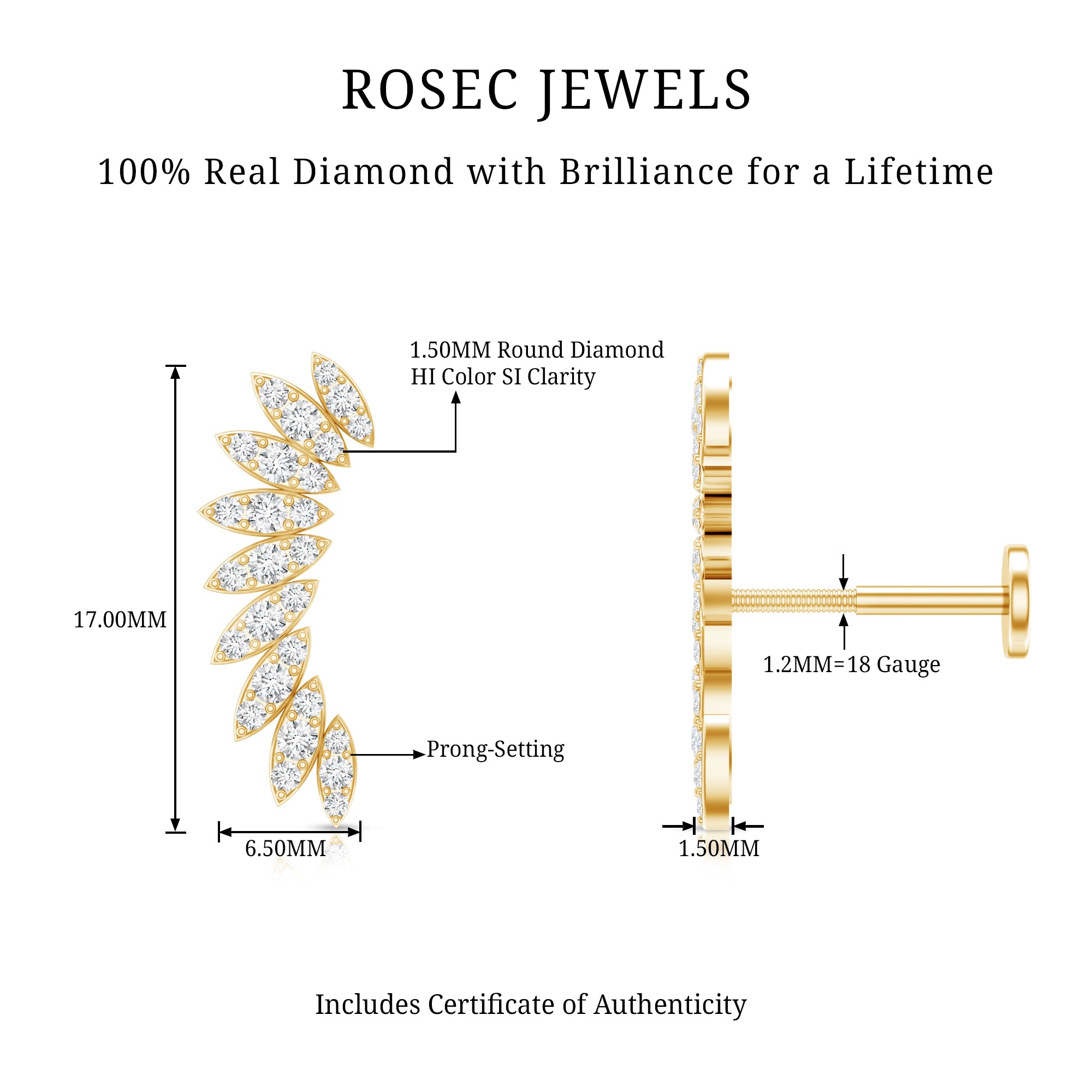 Diamond Wing Crawler Earring for Helix Piercing Natural - ( HI-SI ) - Rosec Jewels