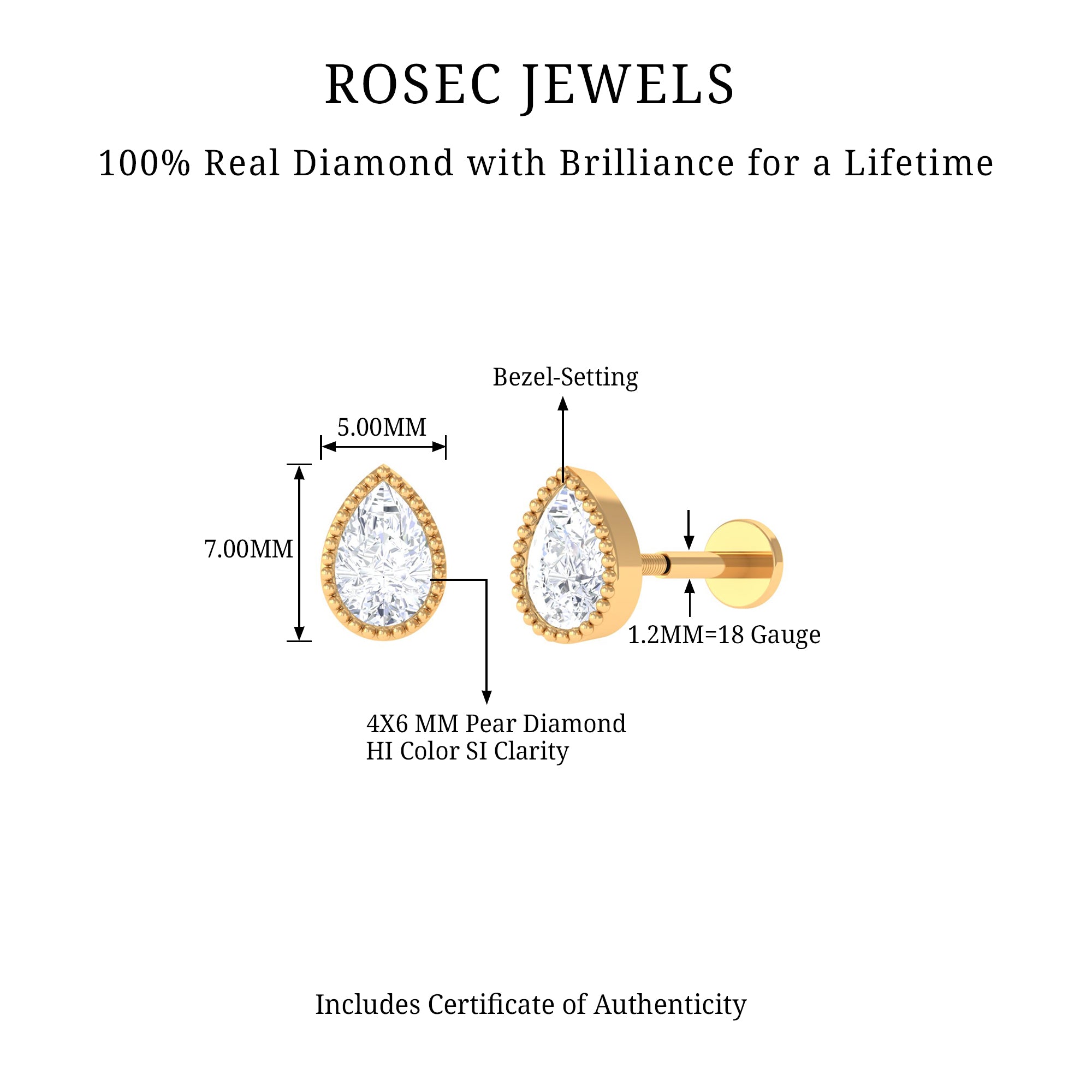 Rosec Jewels-Solitaire Diamond Teardrop Stud Earring for Helix Piercing