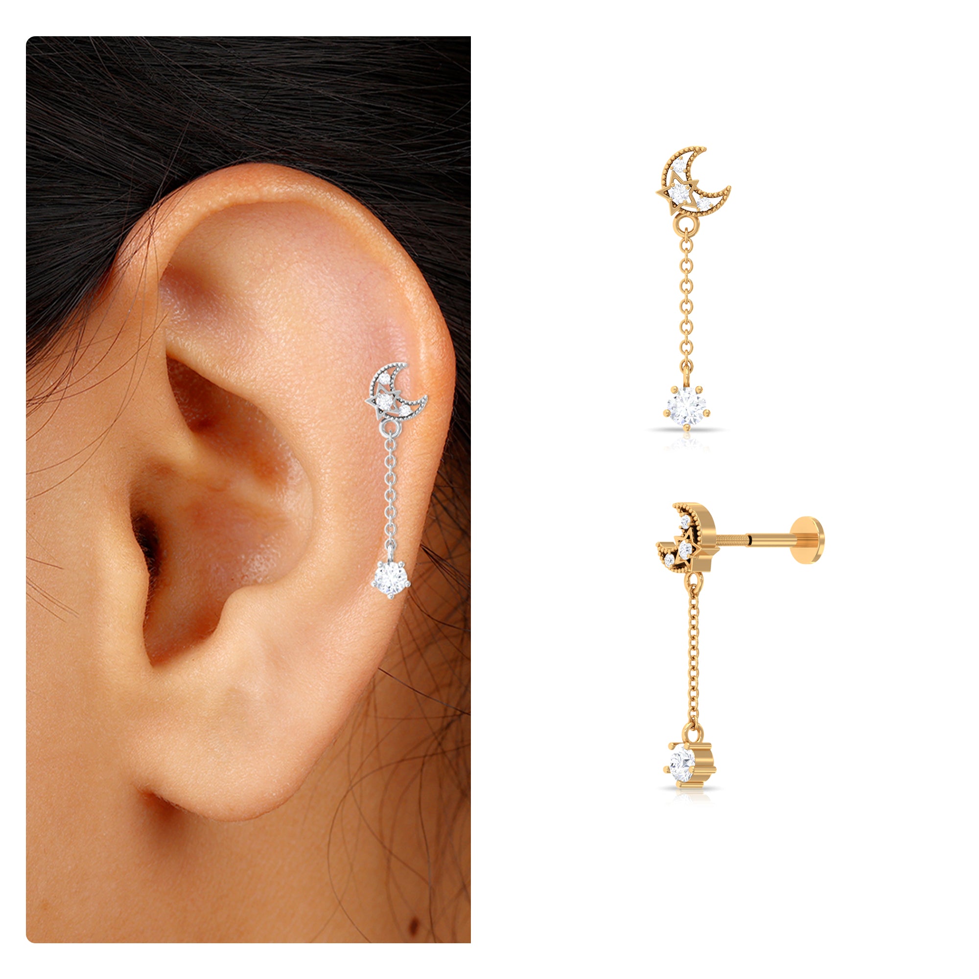 Moissanite Celestial Chain Drop Earring for Helix Piercing D-VS1 - Rosec Jewels