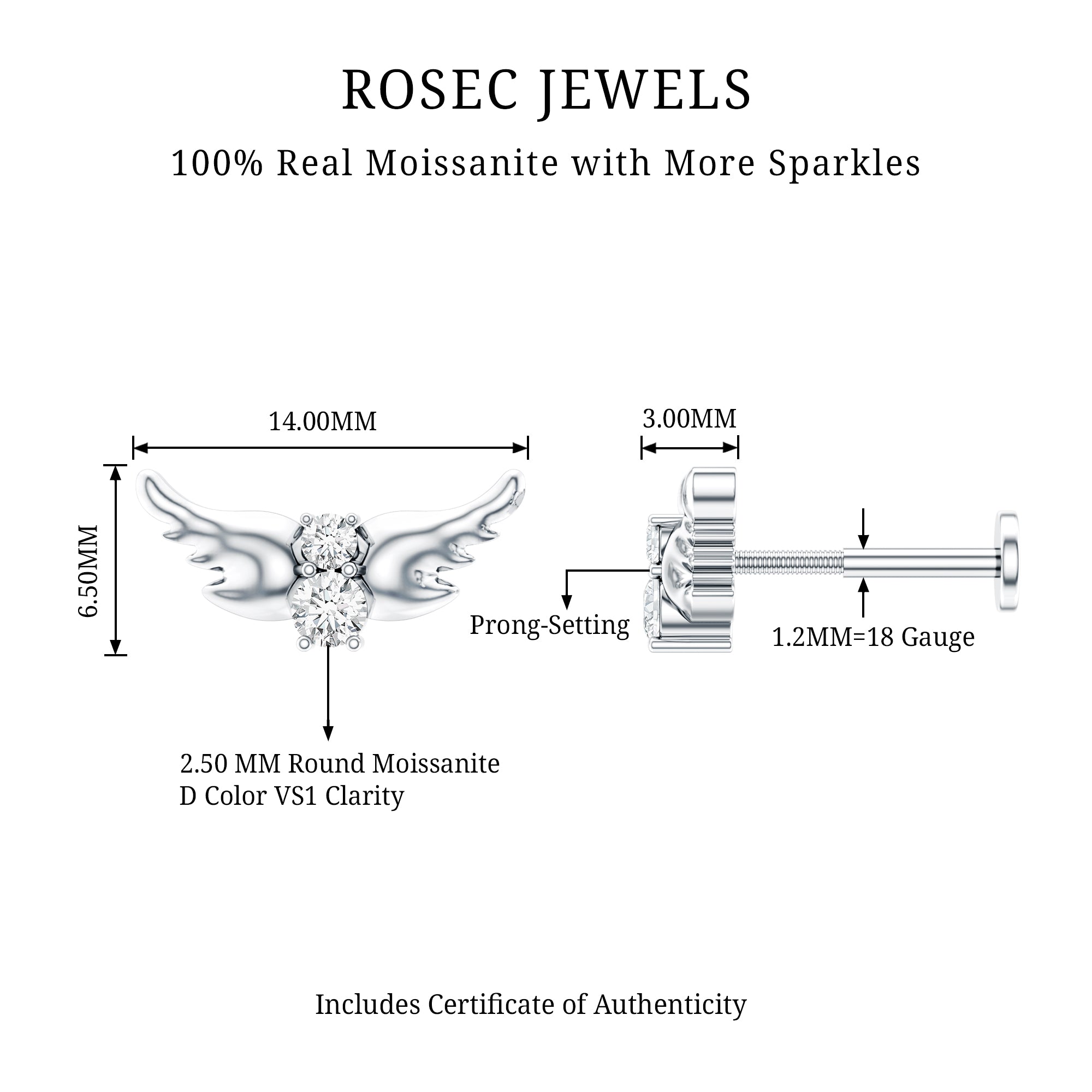 Round Moissanite Bat Earring for Cartilage Piercing D-VS1 - Rosec Jewels