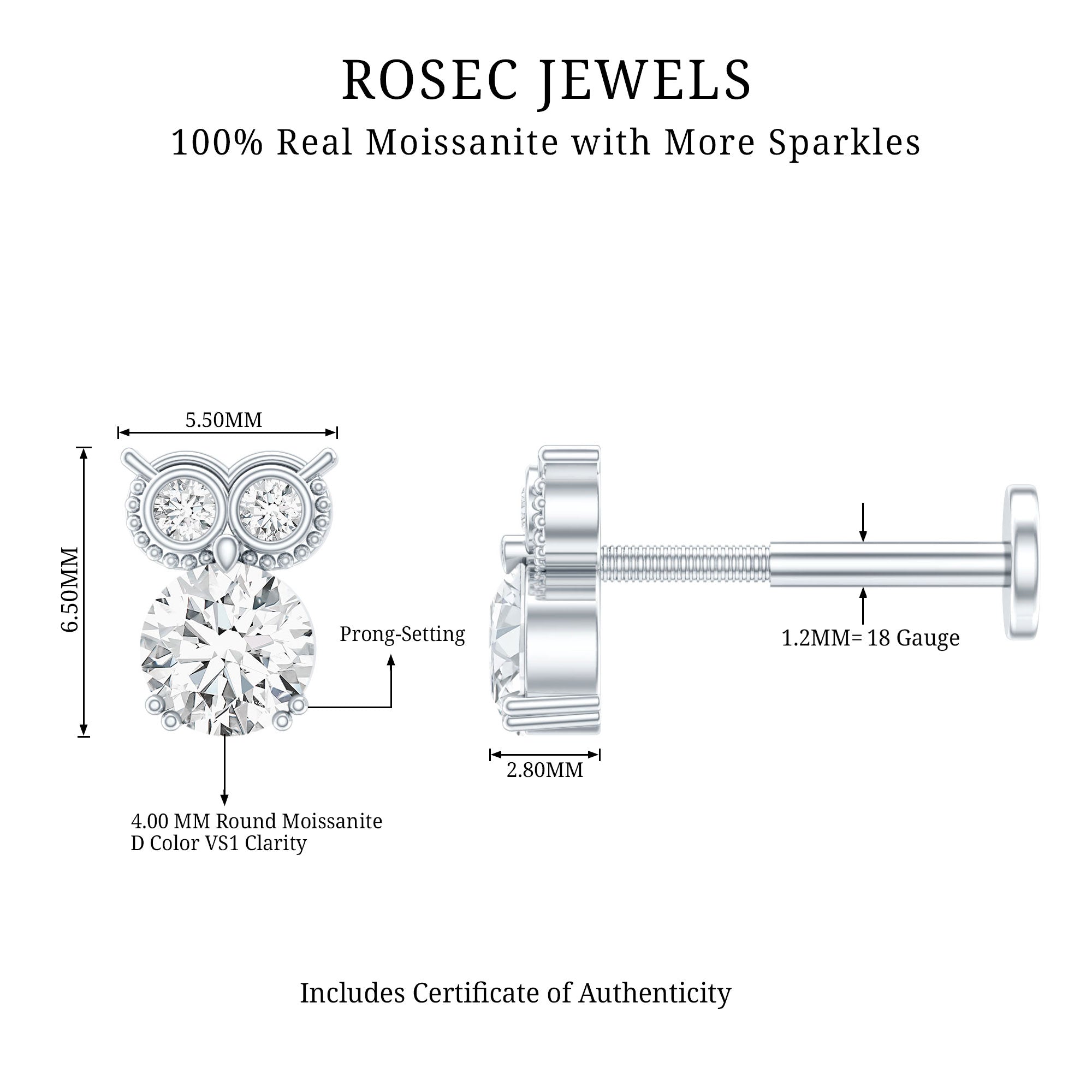 Round Cut Moissanite Owl Earring for Cartilage Piercing D-VS1 - Rosec Jewels