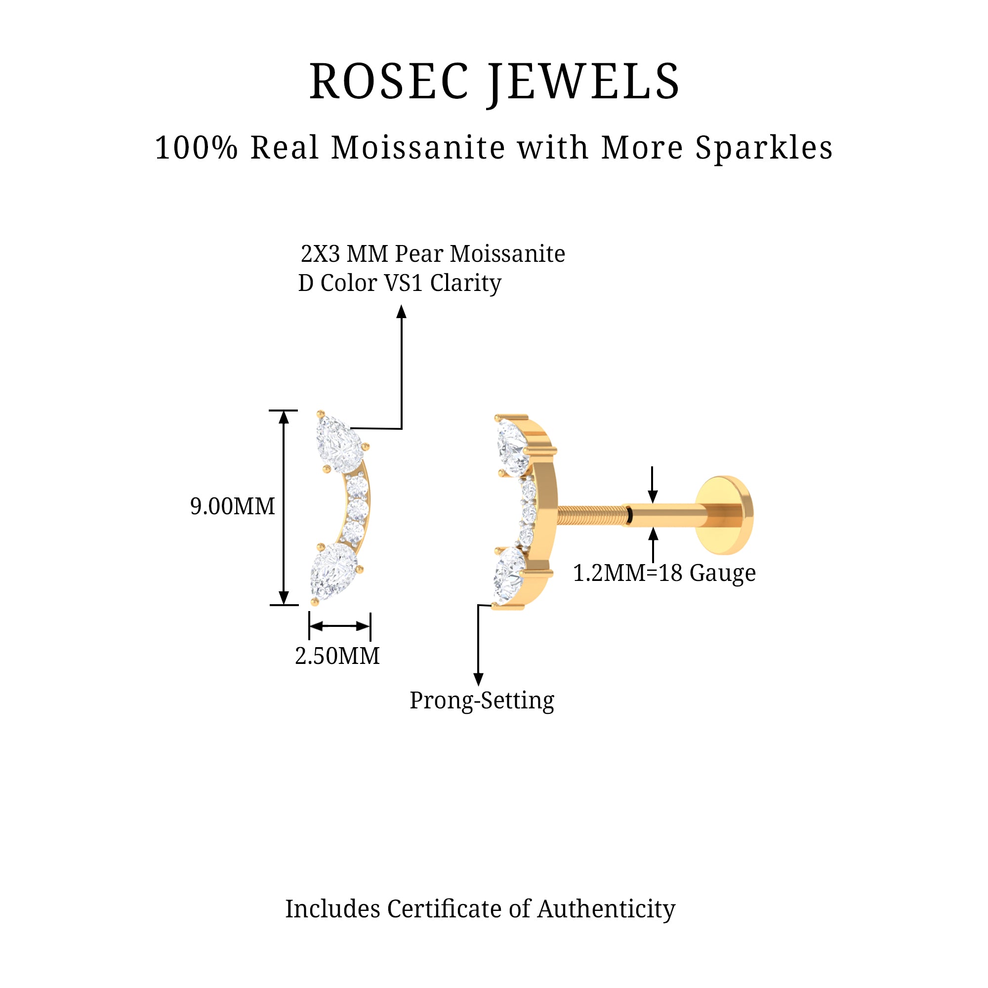 Certified Moissanite Curved Cartilage Earring D-VS1 - Rosec Jewels
