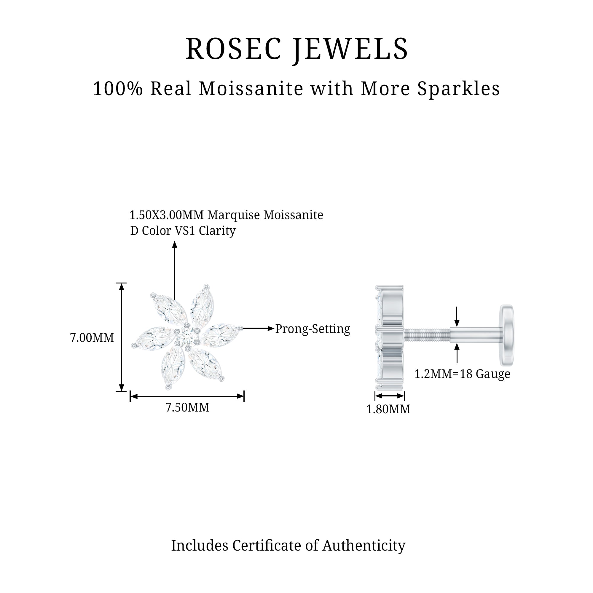 Marquise Moissanite Flower Earring for Cartilage Piercing D-VS1 - Rosec Jewels