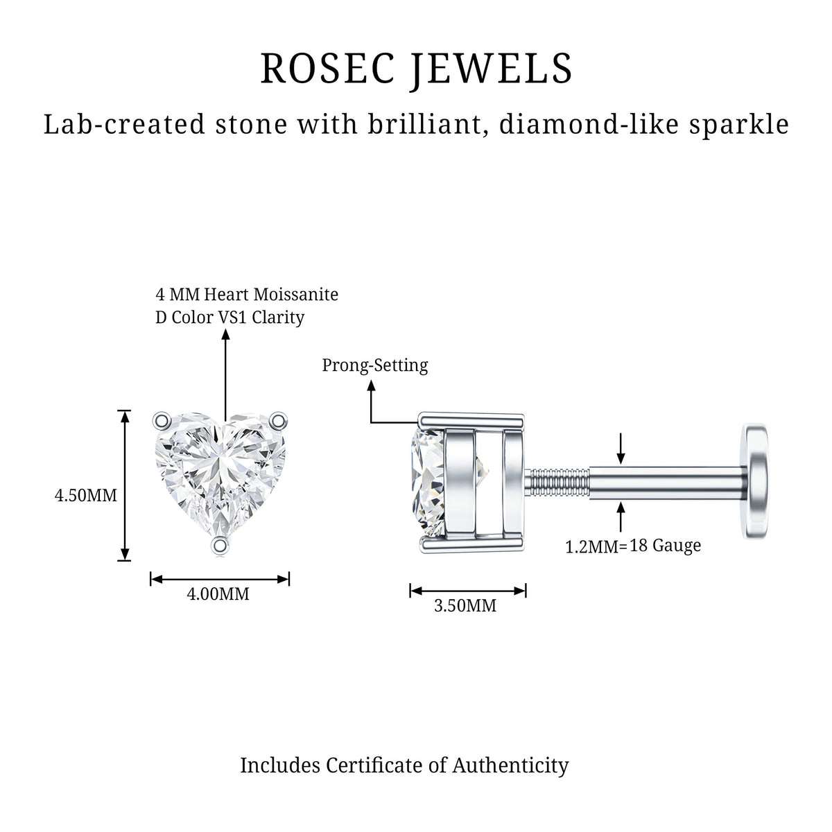 Heart Shape Moissanite Earring for Tragus Piercing D-VS1 - Rosec Jewels
