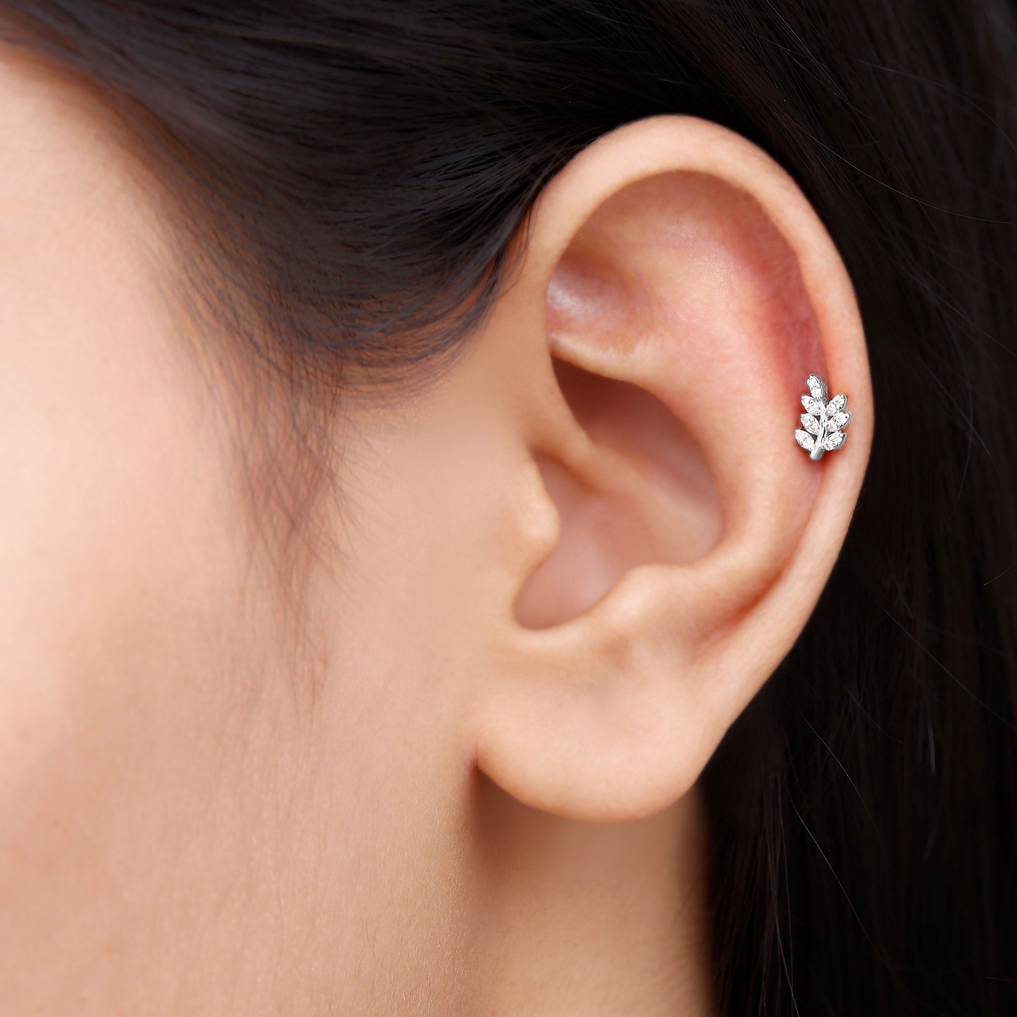 Natural Diamond Olive Leaf Earring for Cartilage Piercing Natural - ( HI-SI ) - Rosec Jewels