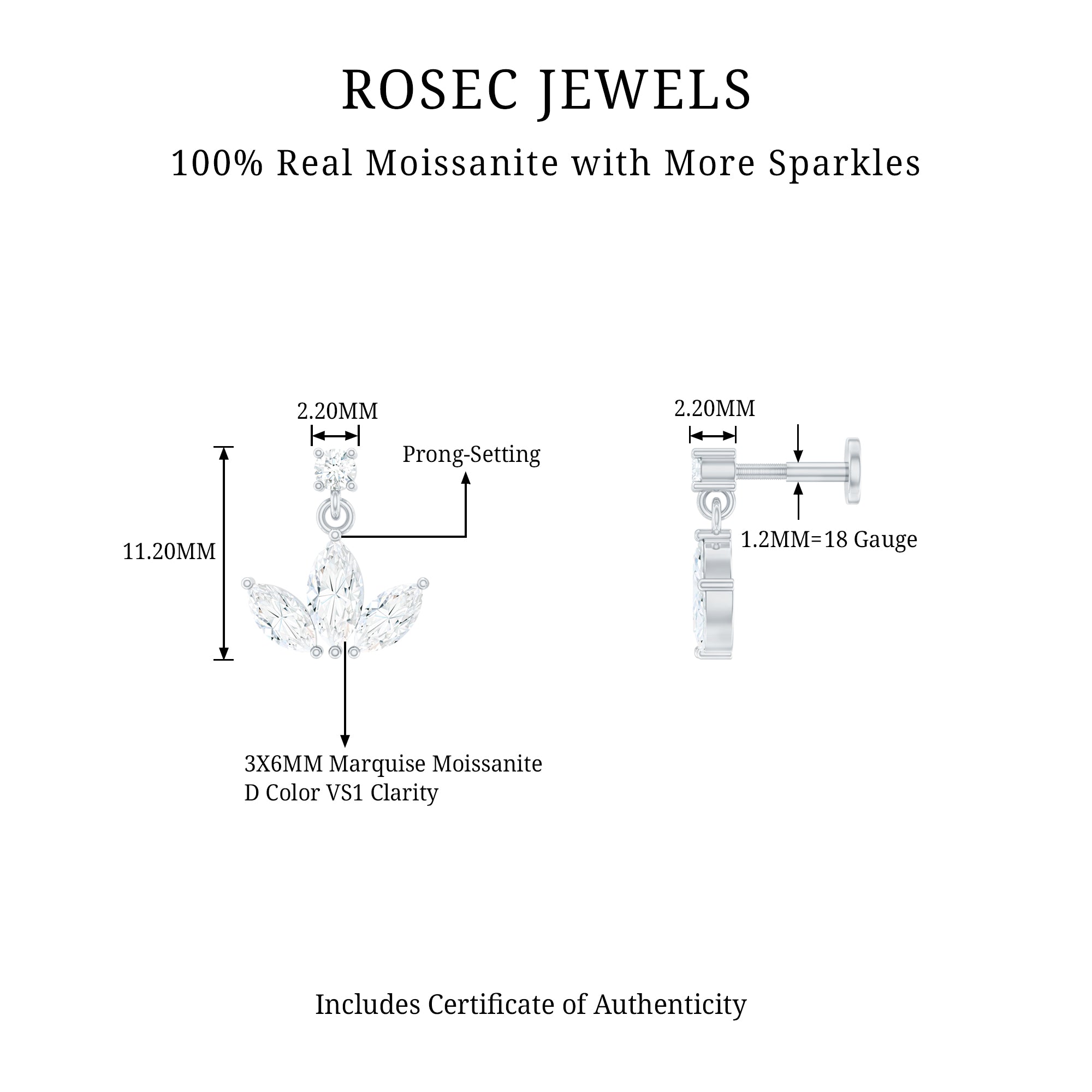 Marquise Cut Moissanite Lotus Flower Drop Helix Earring D-VS1 - Rosec Jewels