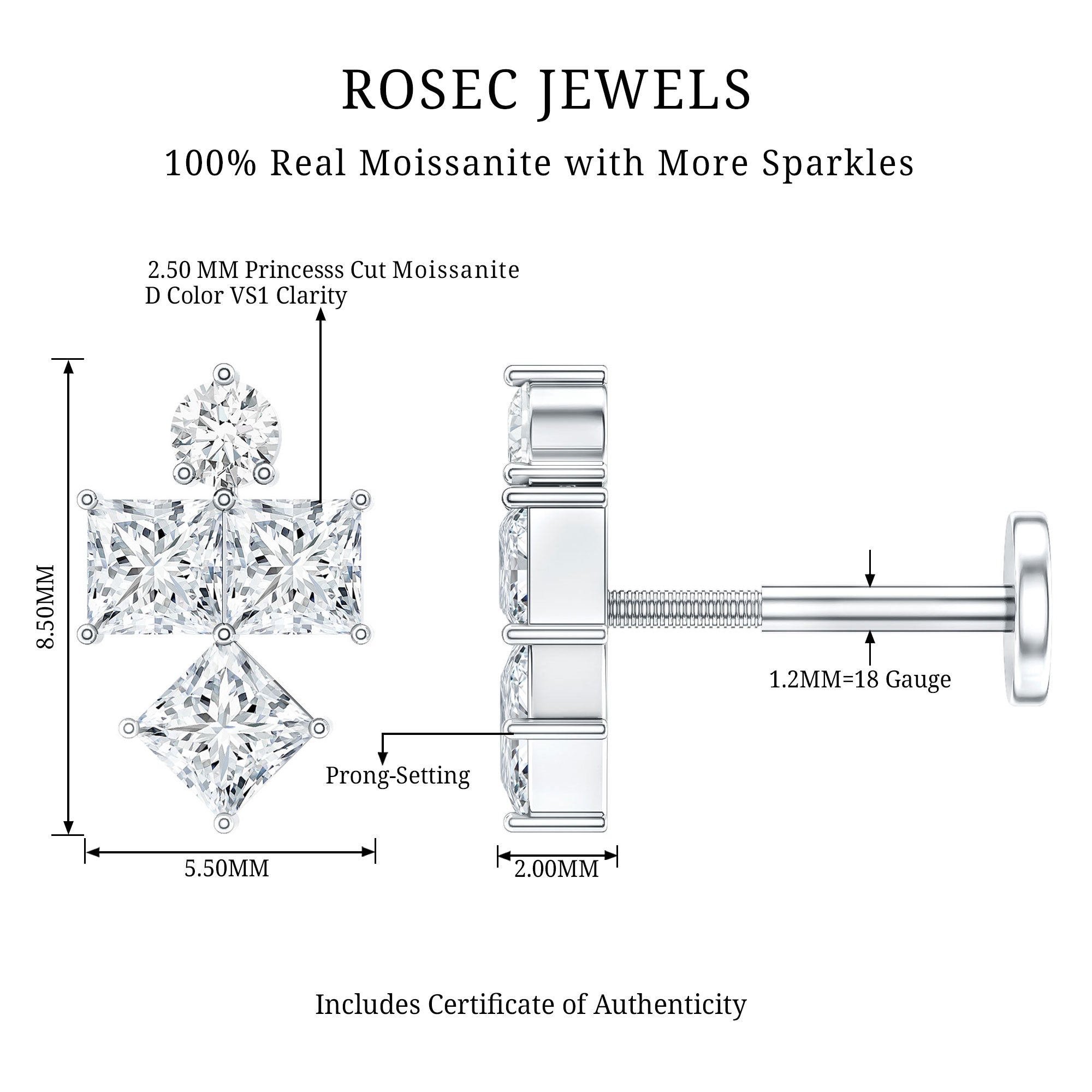 Round and Princess Cut Moissanite Cluster Helix Earring D-VS1 - Rosec Jewels