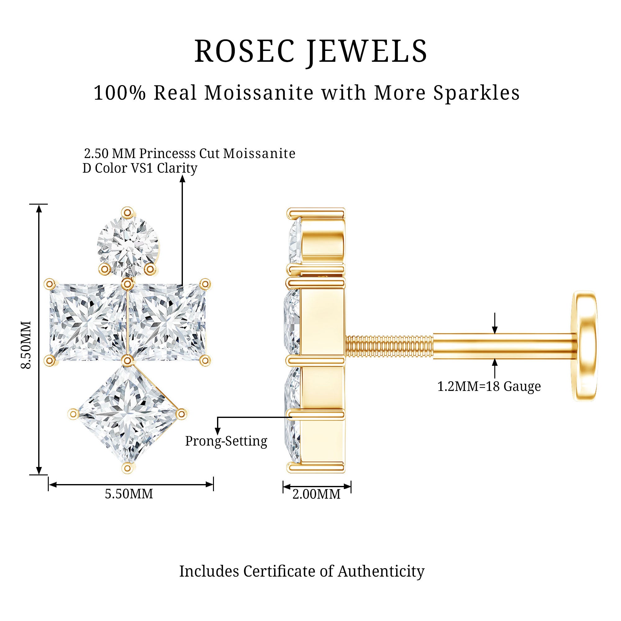 Round and Princess Cut Moissanite Cluster Helix Earring D-VS1 - Rosec Jewels