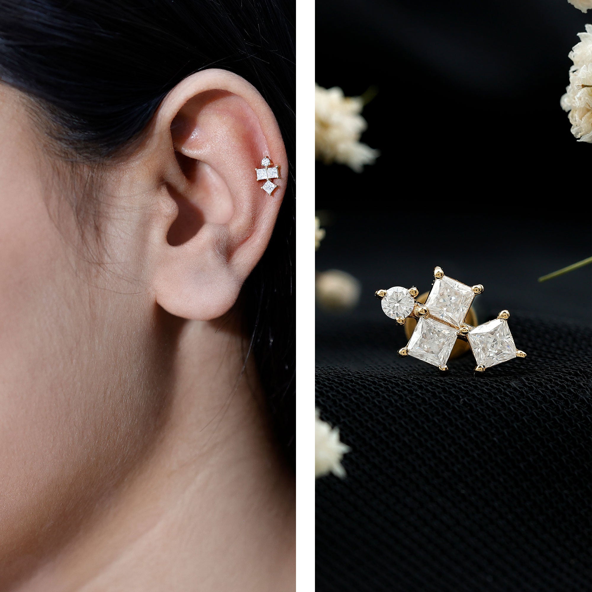 Round and Princess Cut Moissanite Cluster Helix Earring D-VS1 - Rosec Jewels