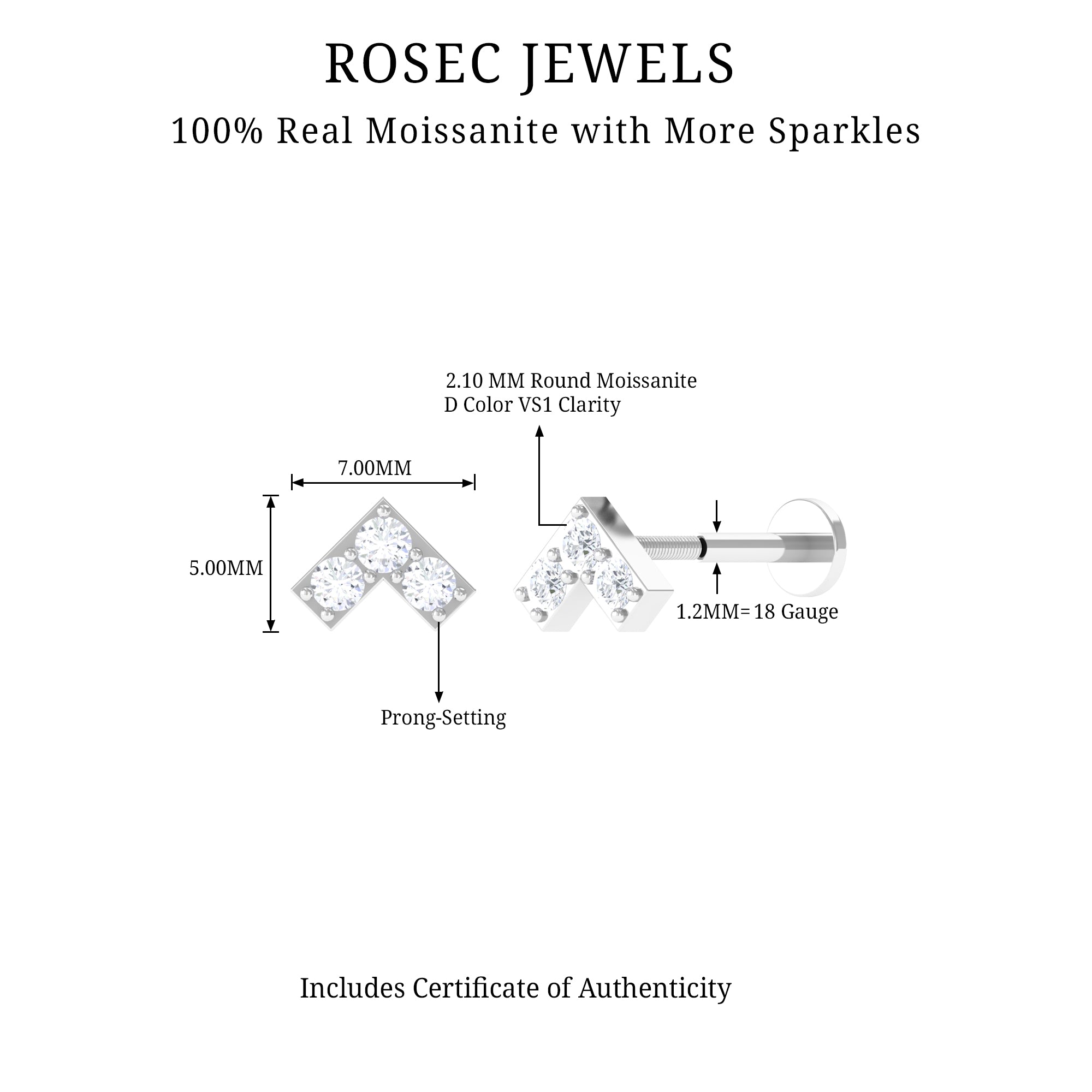 Round Moissanite Chevron Tragus Earring for Women D-VS1 - Rosec Jewels