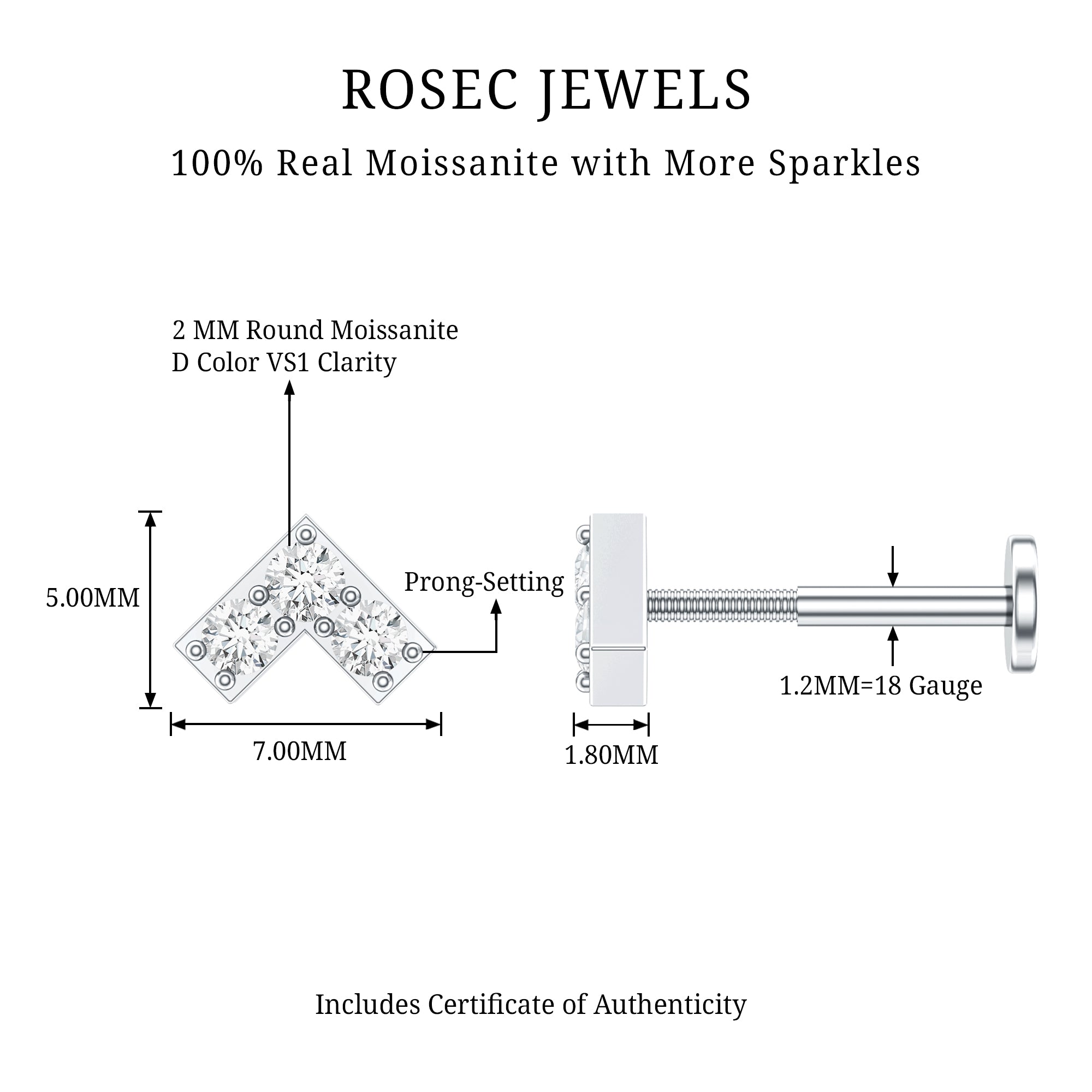 Round Moissanite Chevron Tragus Earring for Women D-VS1 - Rosec Jewels