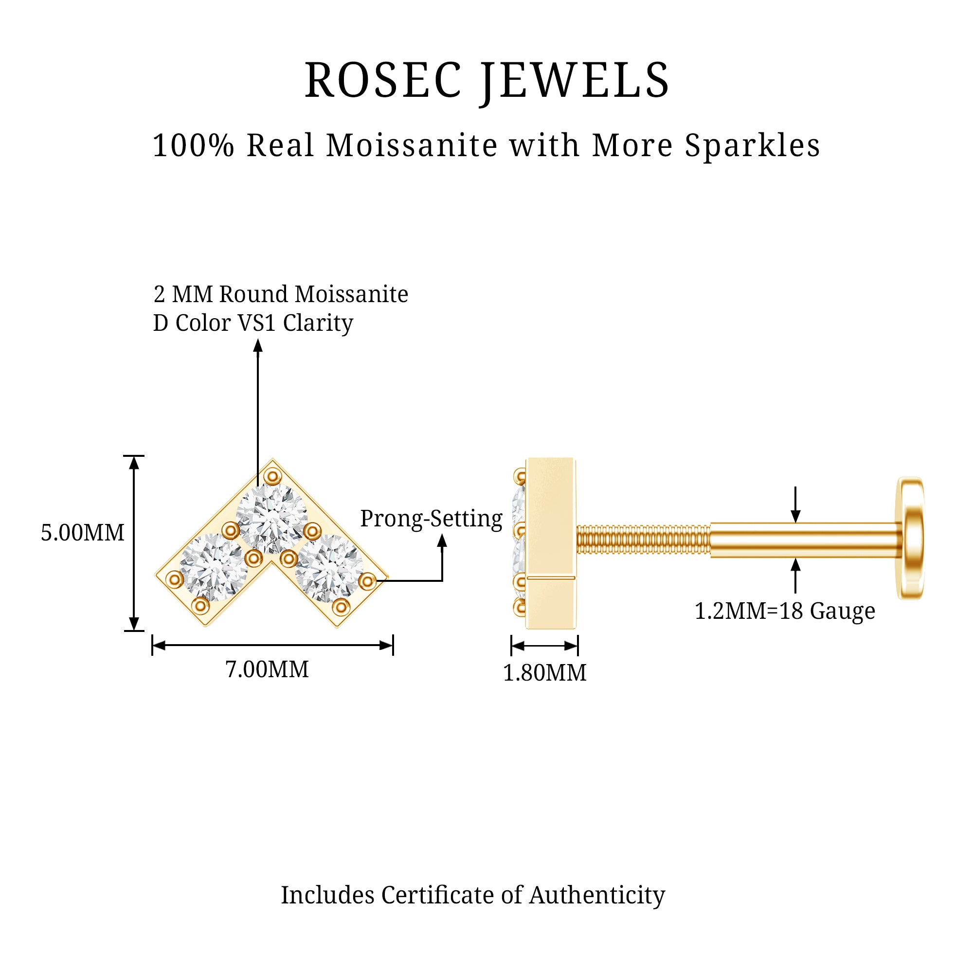 Round Moissanite Chevron Tragus Earring for Women D-VS1 - Rosec Jewels
