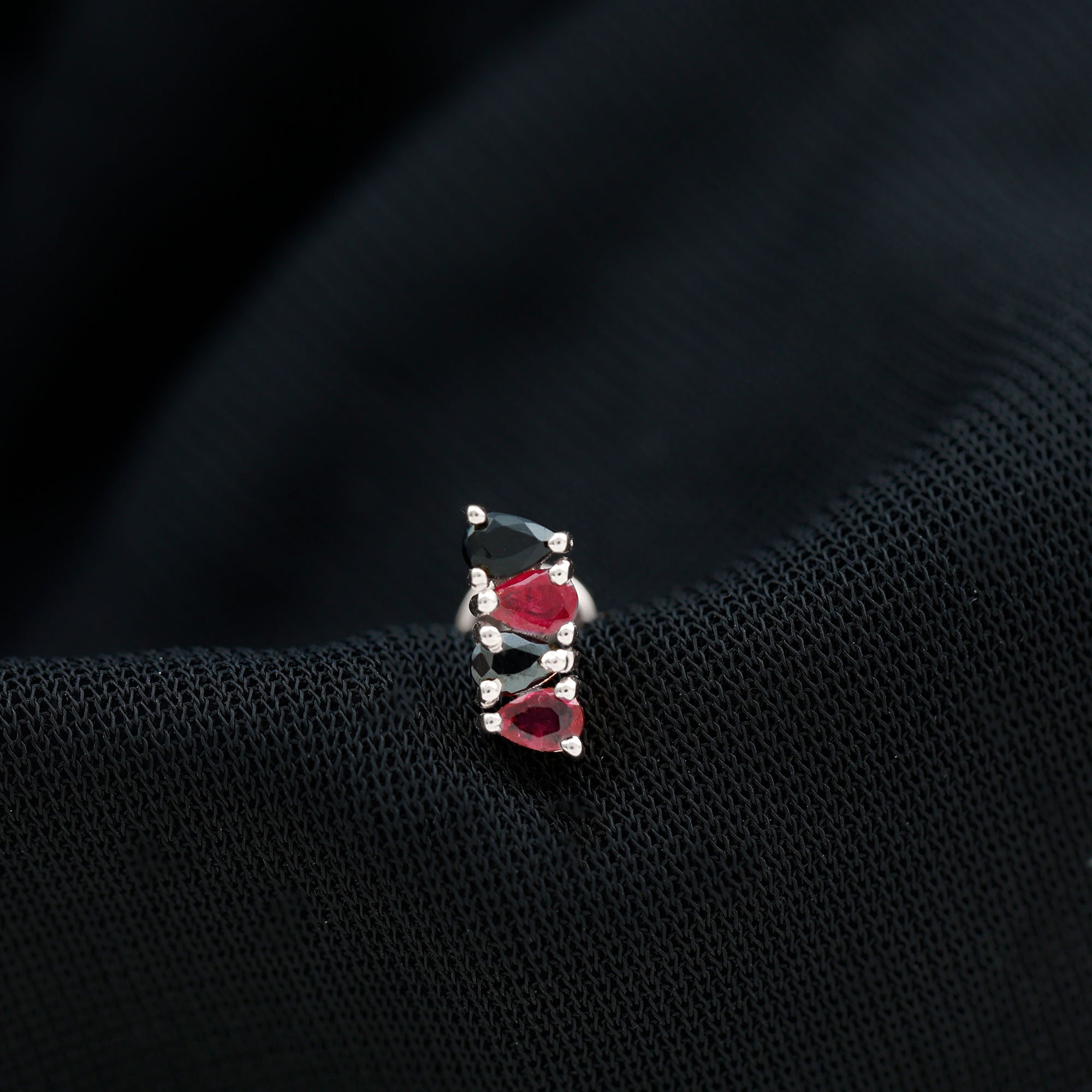 Pear Cut Ruby and Black Onyx Bar Earring for Helix Piercing AAA - Rosec Jewels