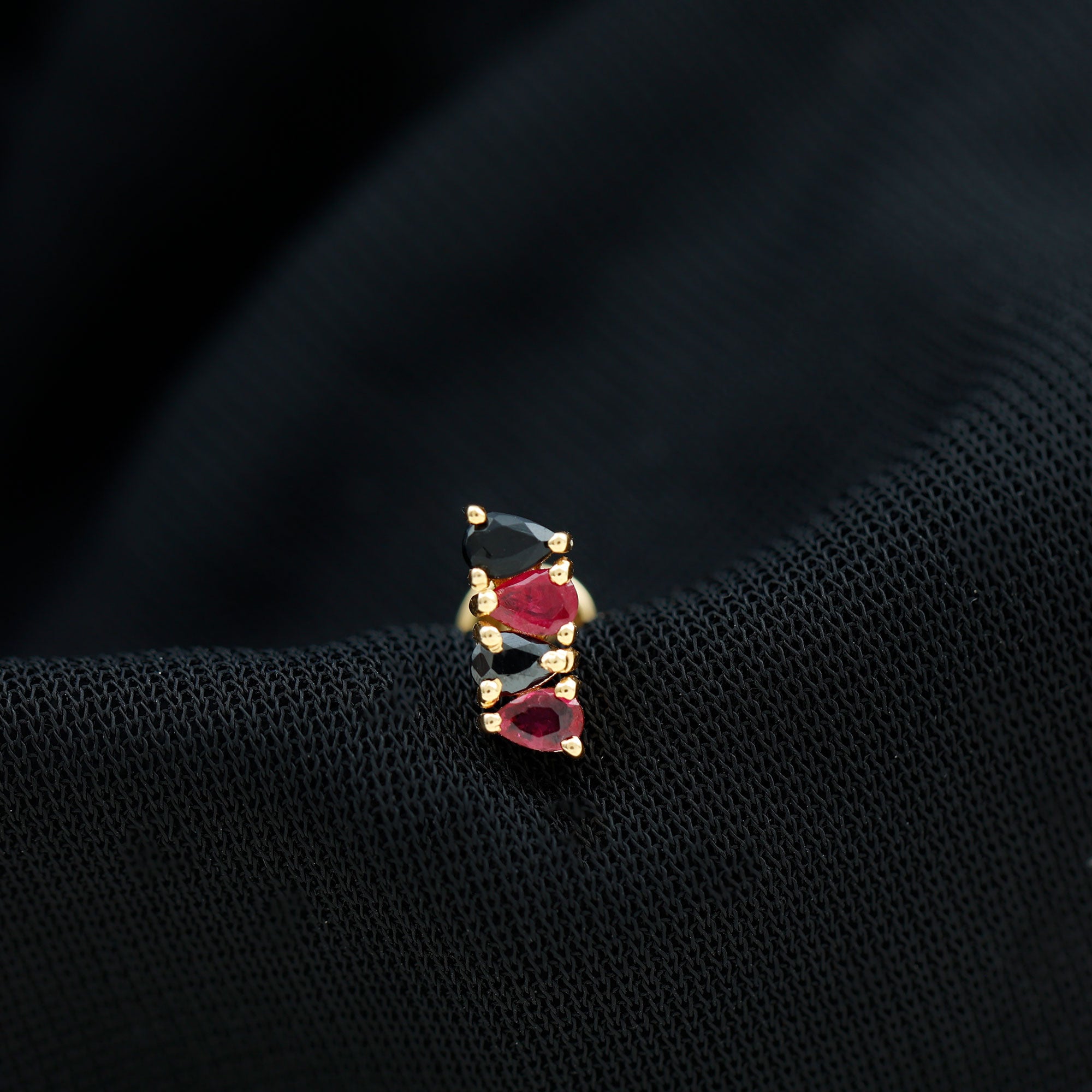 Pear Cut Ruby and Black Onyx Bar Earring for Helix Piercing AAA - Rosec Jewels