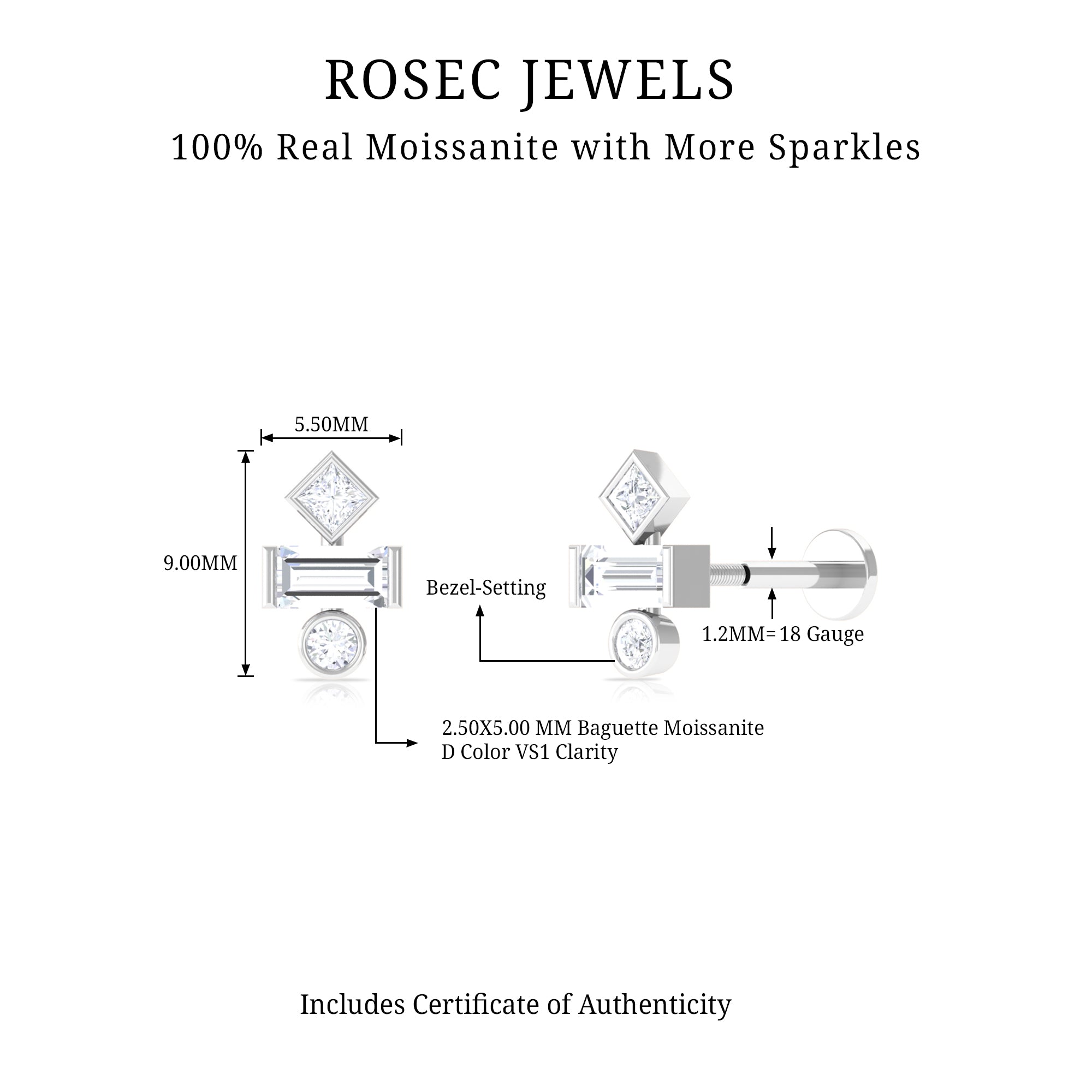 Certified Moissanite Three Stone Earring for Tragus Piercing D-VS1 - Rosec Jewels
