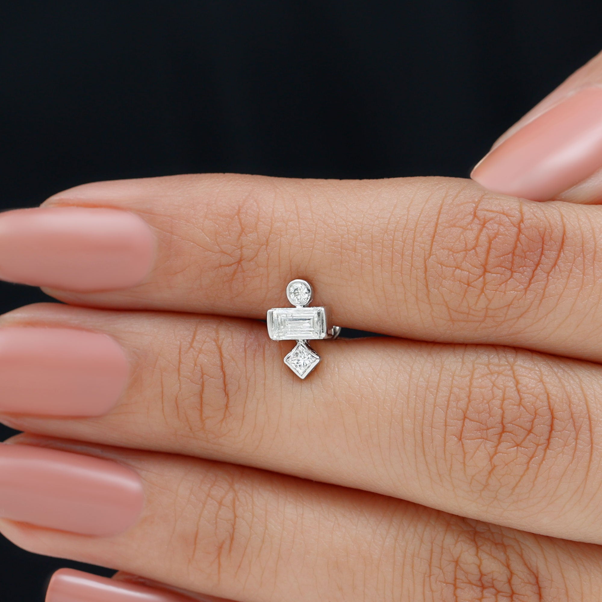 Certified Moissanite Three Stone Earring for Tragus Piercing D-VS1 - Rosec Jewels